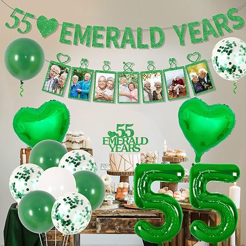 Miniatura 2 de Decoraciones de aniversario de boda 55  Cartel de 55 años esmeralda, pancarta con purpurina de 55 años esmeralda, pancarta de fotos de feliz 55