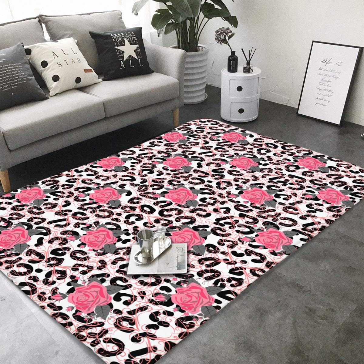 Amazon｜カーペット ヒョウ柄 豹柄 ピンク 花柄 ラグマット 100×150cm