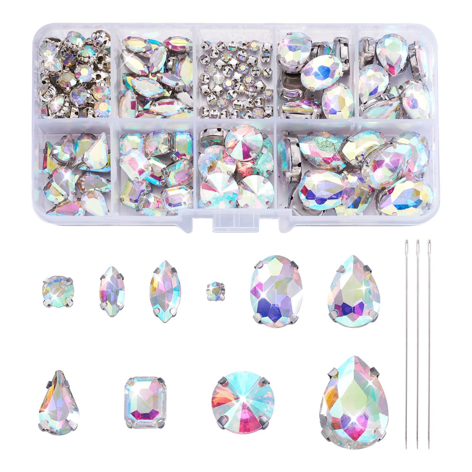 Cheriswelry 180pcs Sew on Rhinestone Flatback Glass Claw Rhinestone with 25pcs Sewing Needles for Jewelry Clothes Shoes Bag Decorations