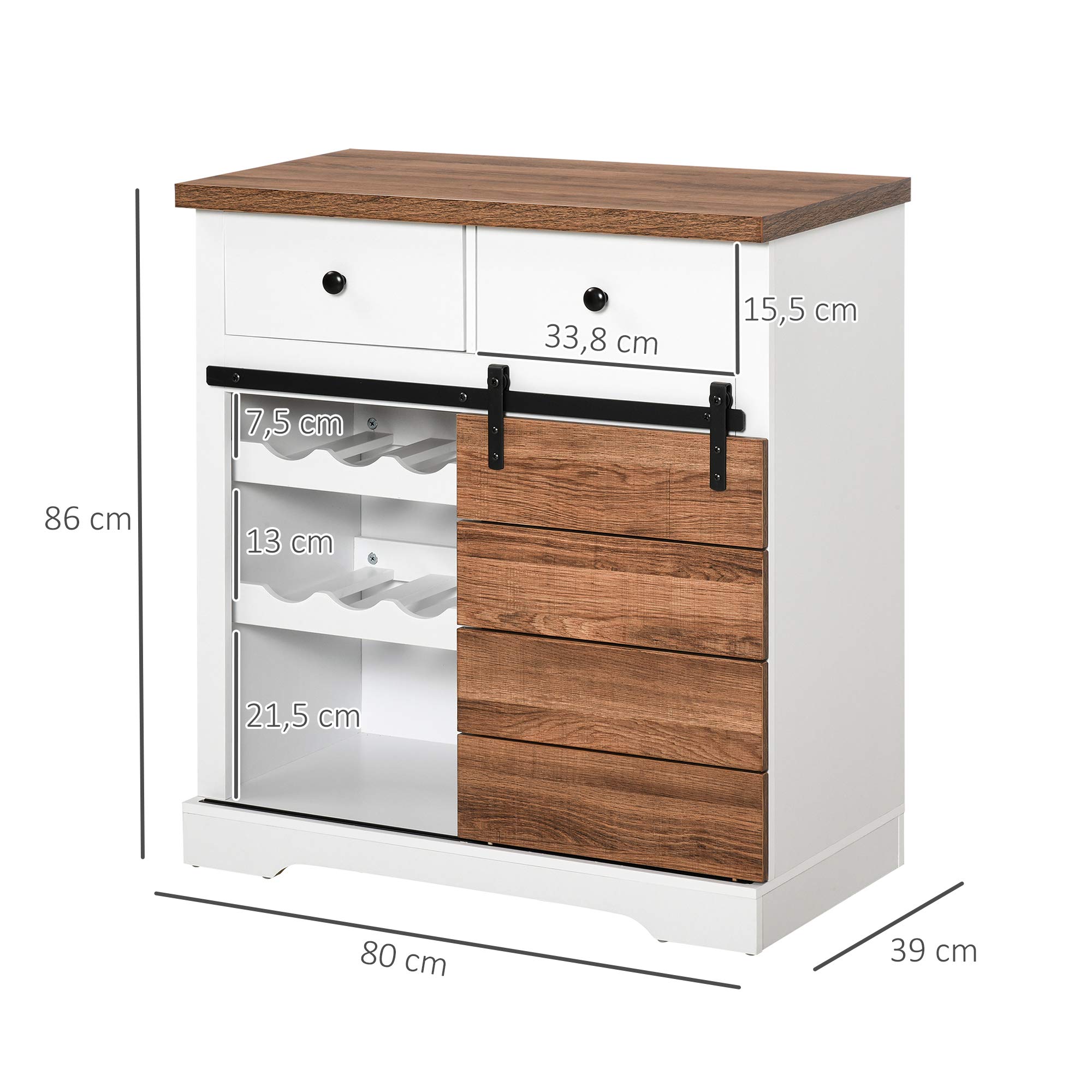 HOMCOM szafka kuchenna kredens z 2 szufladami półki na wino drzwi przesuwne komoda regulowane półki szafka na naczynia styl rustykalny kolor biały 80 x 39 x 86 cm