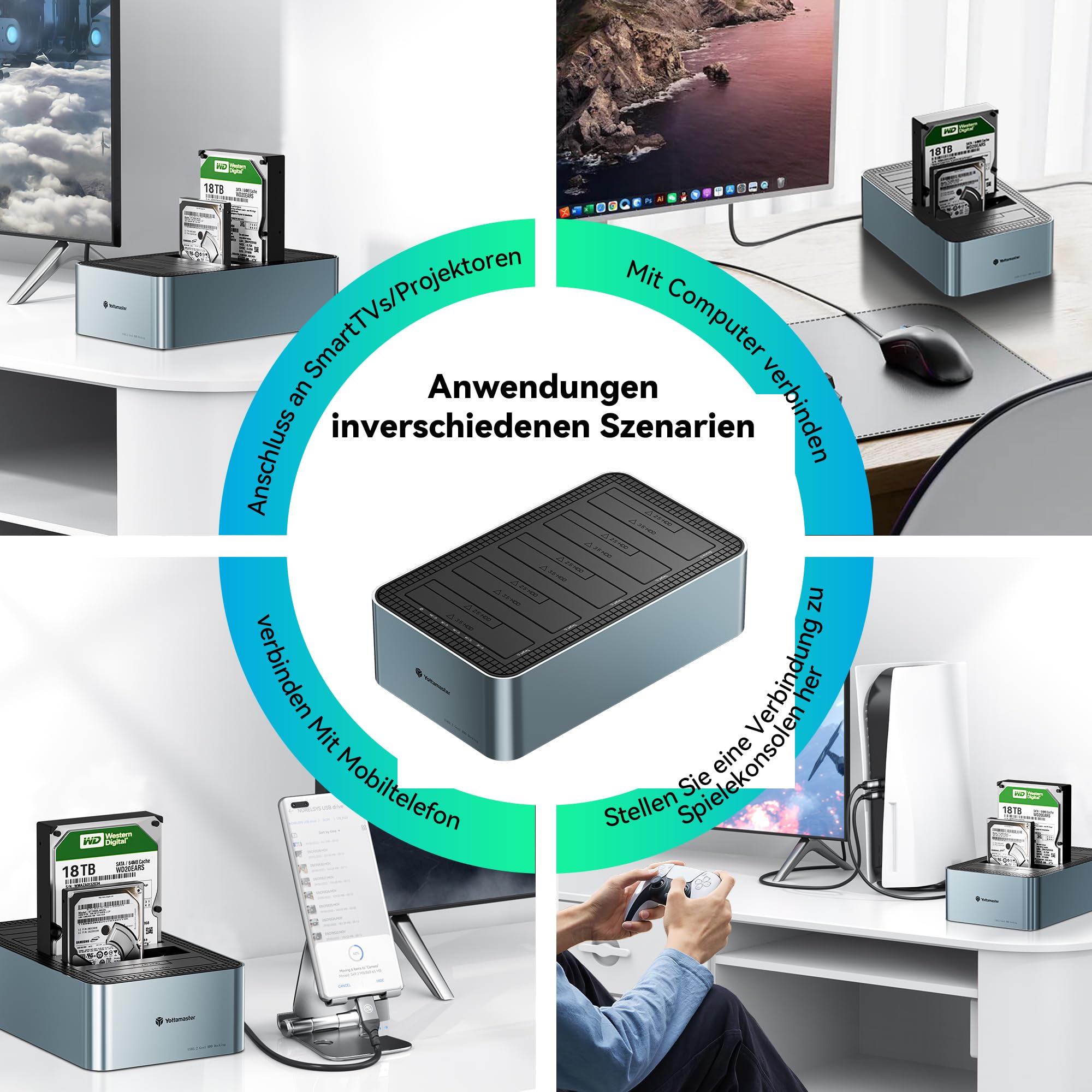 Yottamaster 5 Bay Offline-Klonen Festplatten Dockingstation Aluminium für 2,5/3,5 Zoll, USB 3.2 Gen1 SATA SSD/HDD Docking Station mit 12V 6.5A Netzteil, Unterstützt 5x18TB Max