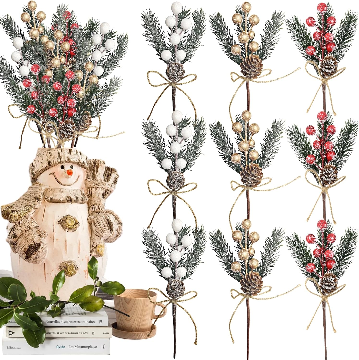 9 Pcs Berry Stems Floral Pine Cones Christmas Artificial Pine Branches Evergreen Berries Holly Stem Flowers Picks Holly Stem for Xmas Wreath Winter Holiday DIY Garland Decoration (Red Gold White)