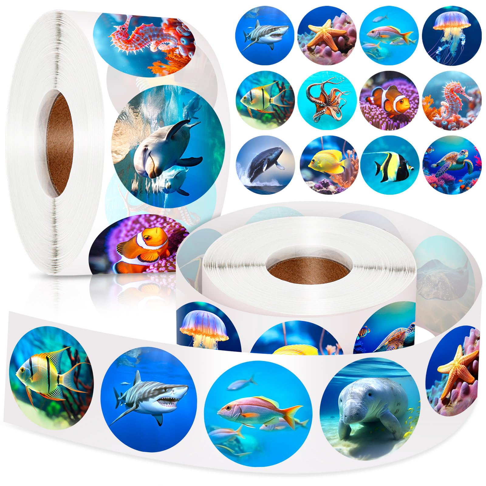 Photo 1 of 1200Pcs Roll Ocean Stickers Round Sea Animals Stickers for Kids Fish Sticker for Water Bottle Teacher Reward School Supplies Incentives (16 Styles)