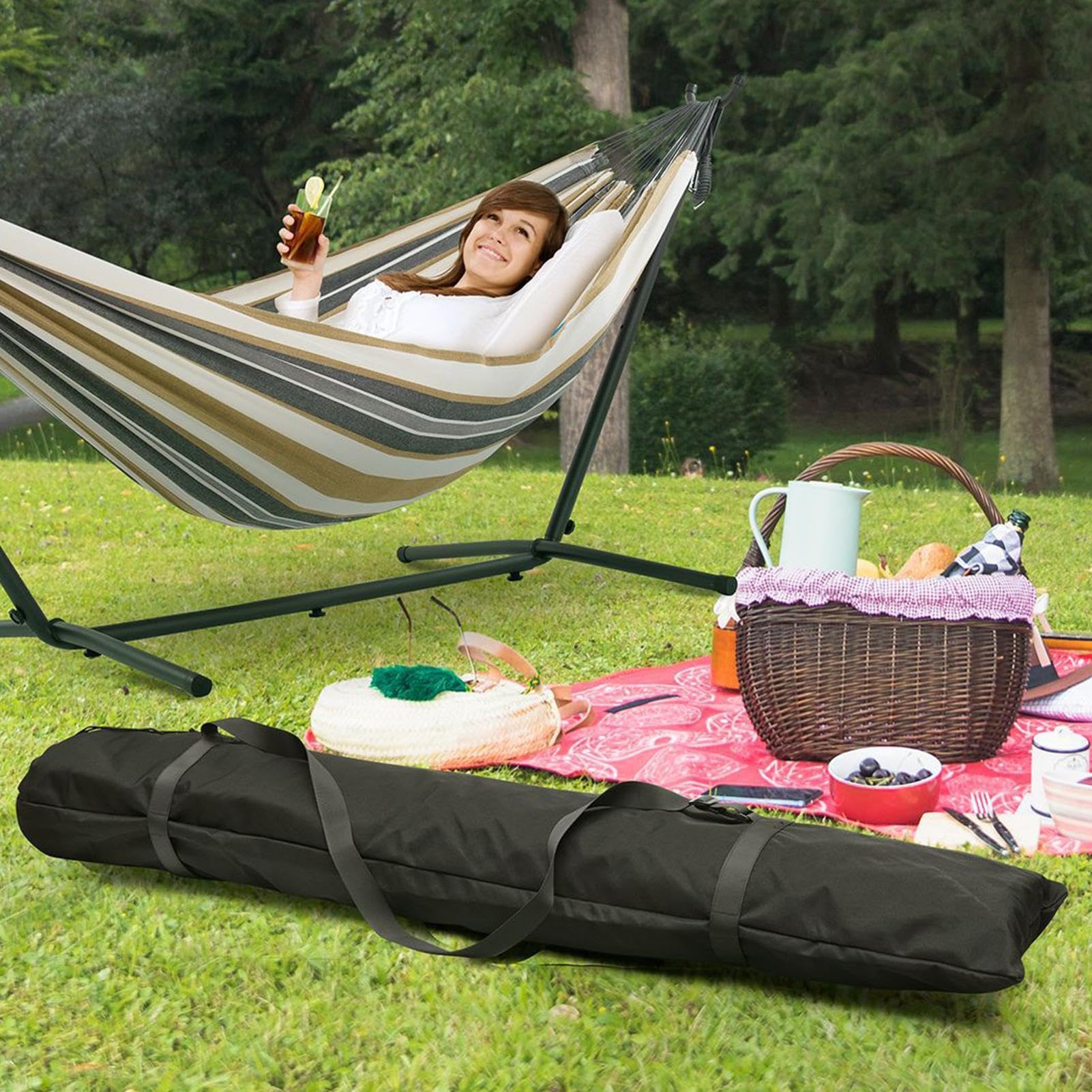 Bolsa de soporte para hamaca, soporte para hamaca de alto rendimiento con mango ajustable, organizador multifuncional y bolsa de alfombras, cordón grande para almacenamiento