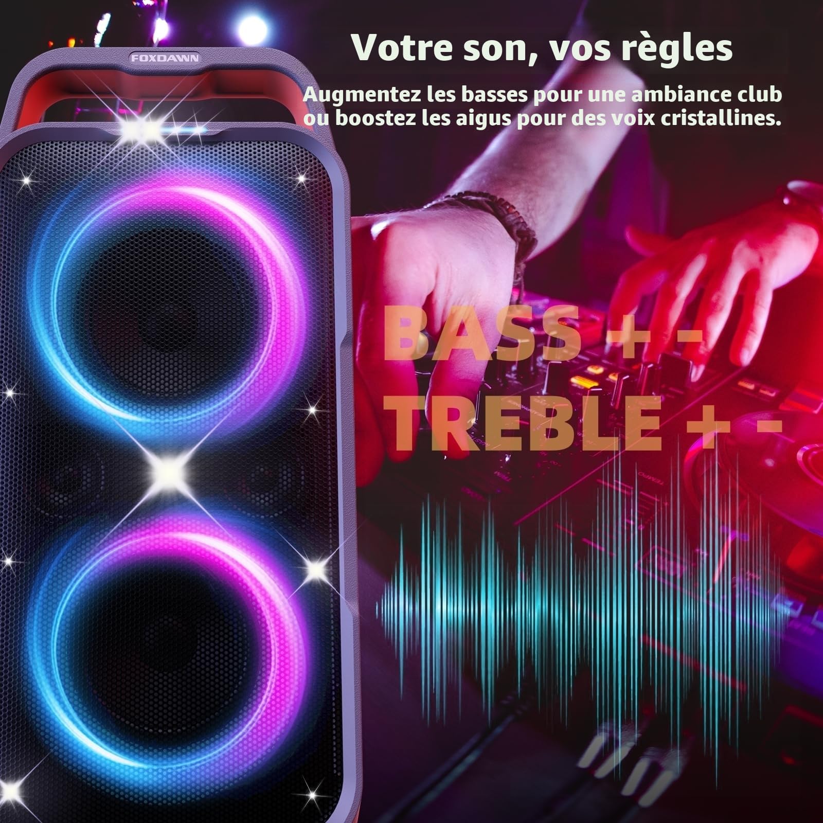 Foxdawn Enceinte Bluetooth Puissante Portable, 240W Peak Haut Parleur Bluetooth, Super Bass, 20H, avec Lumières LED, BT5.3, USB/TF/AUX/MIC & Guitare in, pour Party, Camping, Jardin