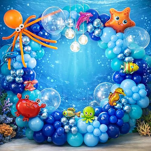 Ocean Themed Party Decorations 165pcs Blue Balloon Arch Garland Kit Bubble Balloons Marine Animals Fish Balloons for Nemo Dory Luca Birthday Under The Sea Decorations Shark Party