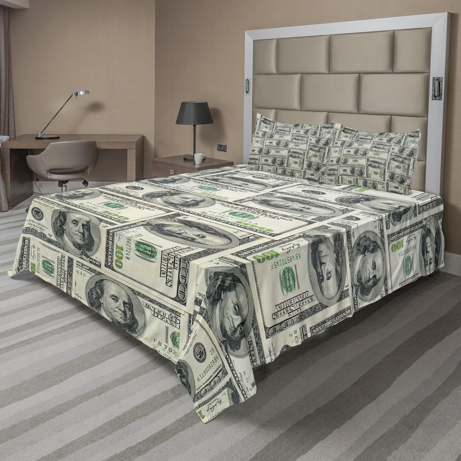 Ambesonne Money Sheet Set, Dollar Bills of United States Federal Reserve The Ben Franklin Portrait, Fitted and Flat Sheet with Pillowcases Bedding Accent 4 Piece Set, Queen, Pale Green Grey