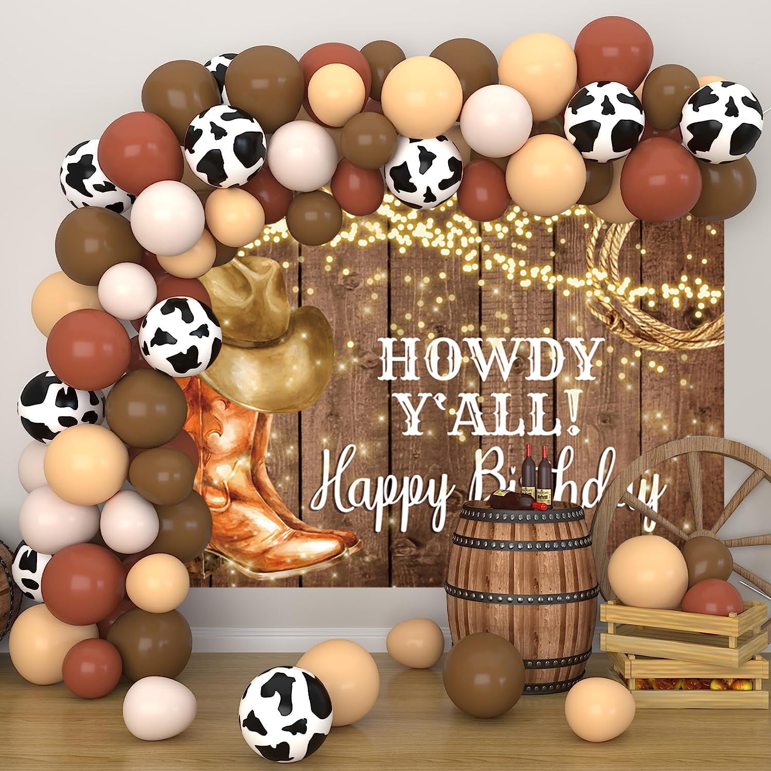 3.6x3m Sfondo Western Cowboy Happy Birthday Rustic West Rodeo Boots Pavimento in legno Fotografia di campagna Sfondo tema occidentale Decorazioni per feste di compleanno per bambini