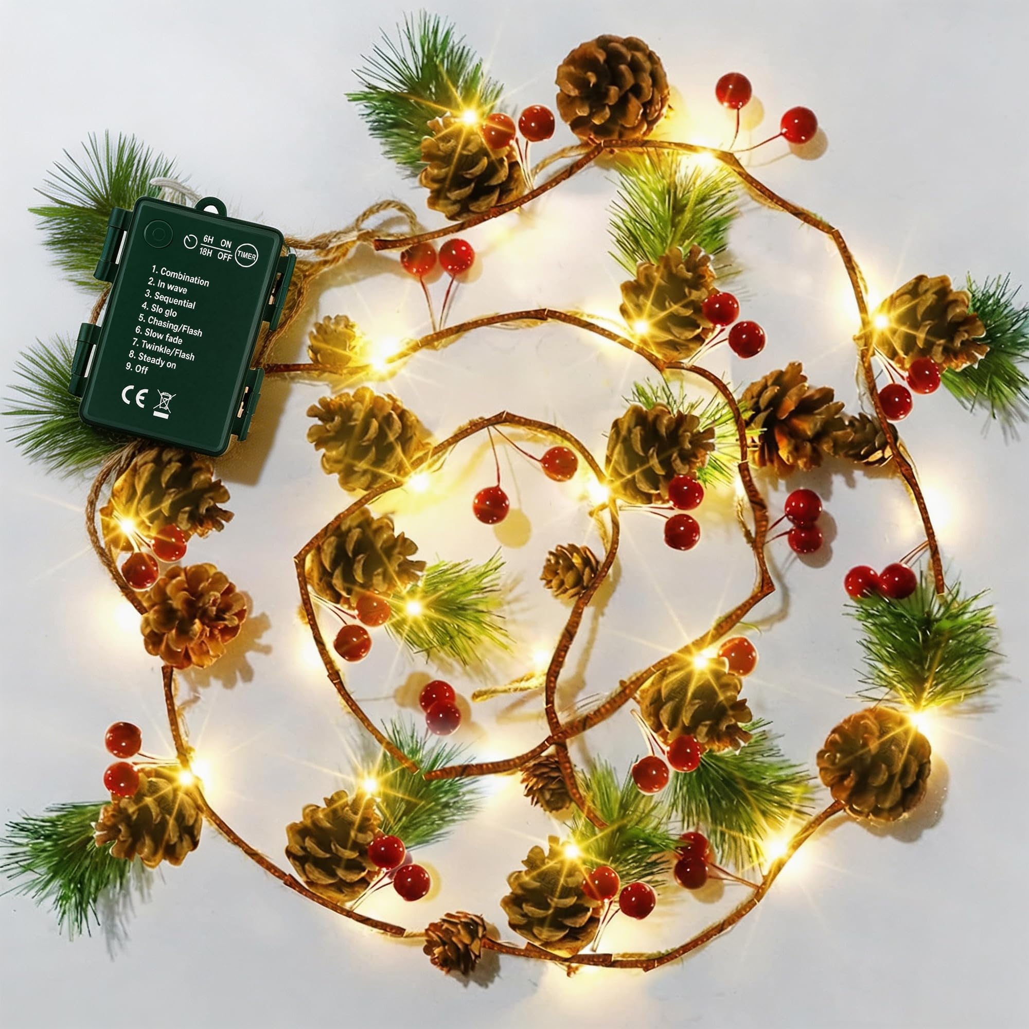 Dazzle Bright 2 Pack Pine Cone Christmas String Lights, Total 13FT 40LED Battery Operated Christmas Garland with 8 Modes, Red Berry Pine Cone Fairy String Lights for Indoor Outdoor Xmas Decorations Global Recycled Standard Global Recycled Standard Global Recycled Standard