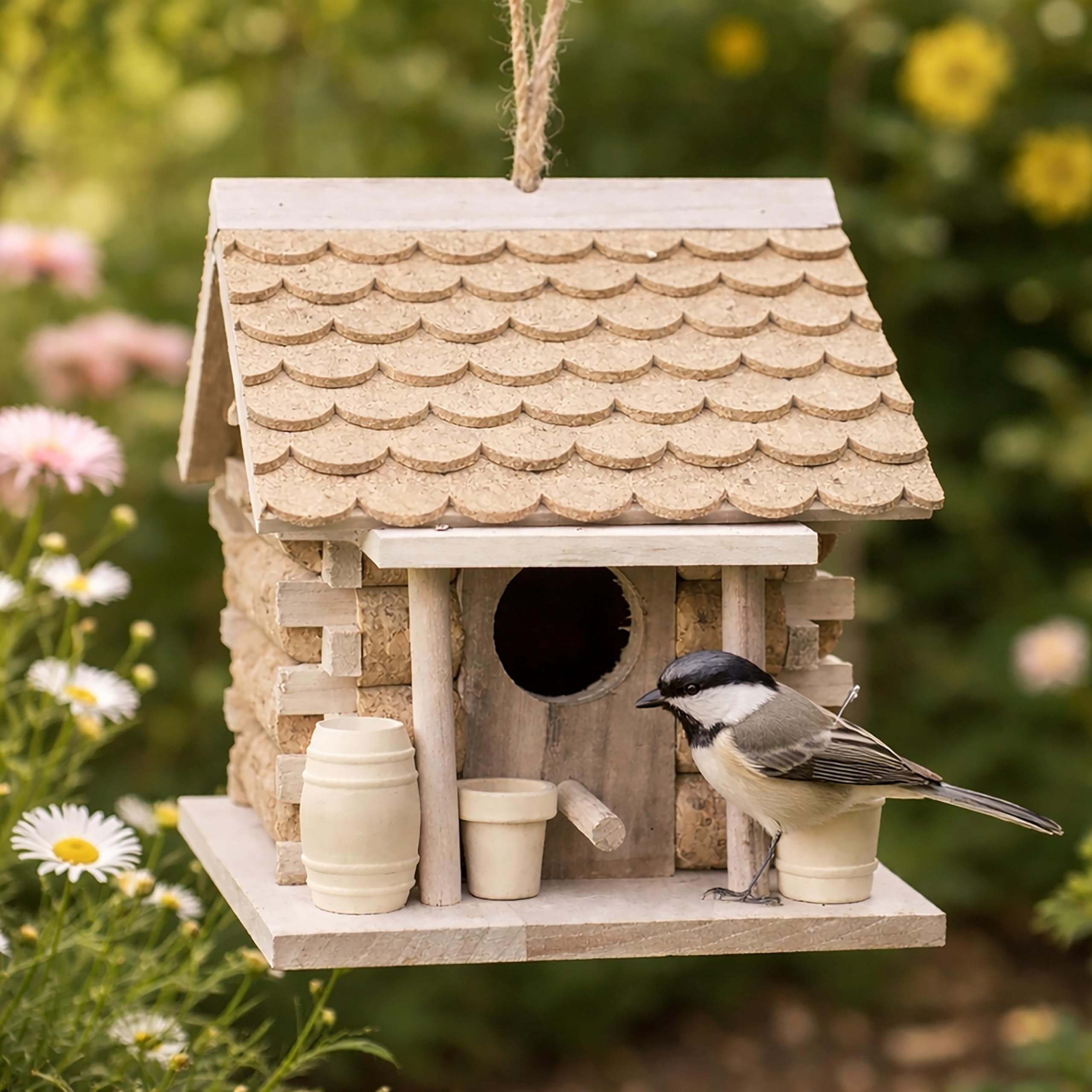 Garden Mile® Casa Uccelli Esterni in sughero e legno da appendere per il giardino decorazione del giardino casette di uccelli selvatici in sughero.