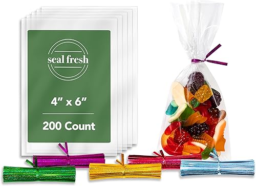 Seal Fresh Bolsa transparente con lazos únicos  4 x 6 pulgadas (200 unidades)  Bolsas de celofán para fiesta, bolsas de regalo con cierre de lazo
