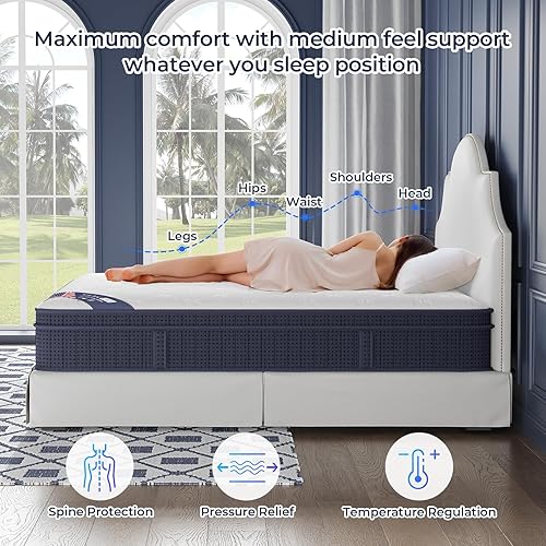 Miniatura 5 de Colchón tamaño King de 12 pulgadas, colchón híbrido firme medio, alivio del dolor de espalda, espuma viscoelástica sin fibra de vidrio, aislamiento