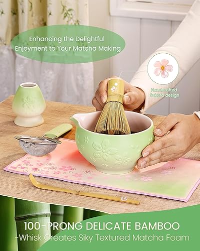 Miniatura 4 de Juego de batidor de matcha, 6 piezas de color verde pálido con cuenco Sakura, innovador mango de tamiz, batidor y cuchara de bambú Sukura hecho a
