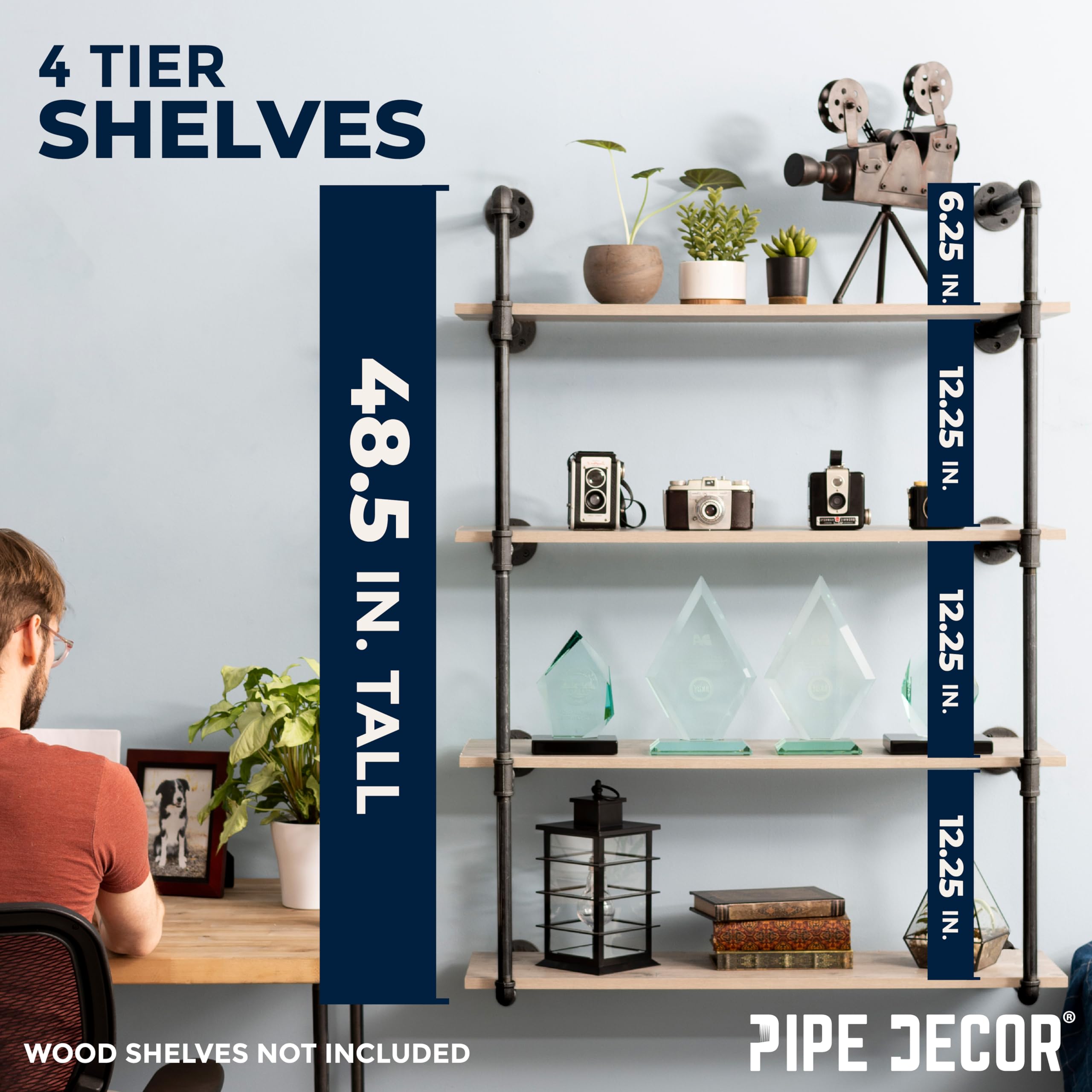 Industrielles Vintage-Rohrregal Mit Holz-Wandhalterung, 4-stöckig | Rustikales Weinregal, Bücherregal, DIY-Deko