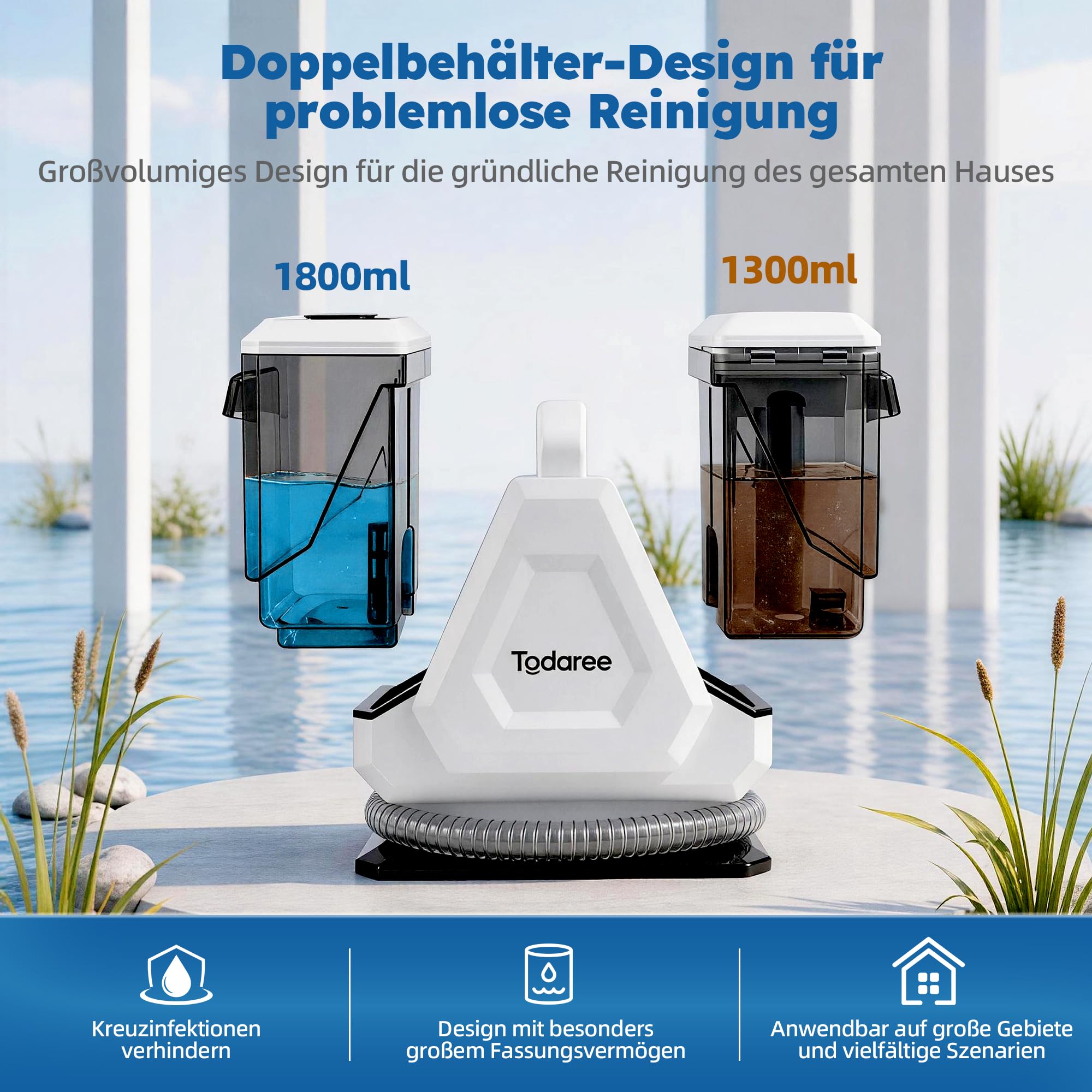 Polsterreiniger Gerät 14 kPa Stark, Teppichreiniger Waschsauger，Waschsauger & Nasssauger für Teppich, Sofa, Auto, Matratze – Handgerät mit Doppeltank für Polster, Tierhaare, Weiß/Grau