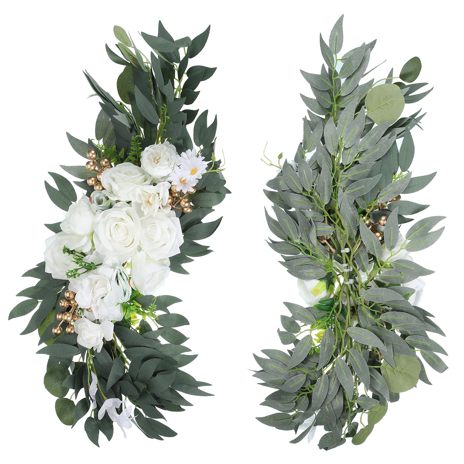 PATIKIL Arco de Bodas Flores, 2Pcs Flores Artificiales de Seda Falsa Guirnalda de Flores con Hojas Y Banda de Clip para Decoración de Recepción de Ceremonia de Cartel, Blanco