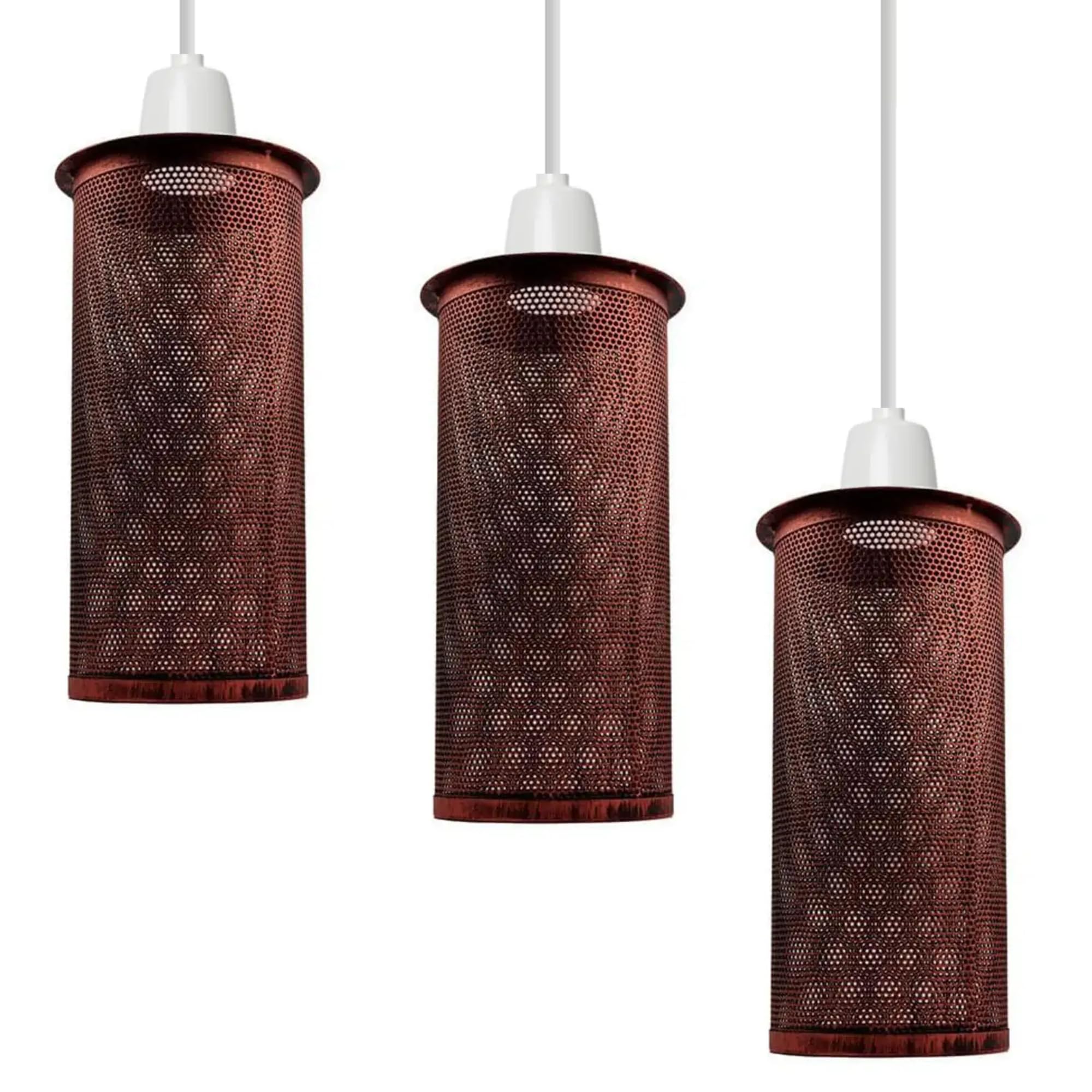 Industrial Metal Bulb Guard Drum Shaped Lampshades for Ceiling Pendant Lights, Indoor Easy Fit Wire Cages for Kitchen, Hallways (Rustic Red 3Pack P3)