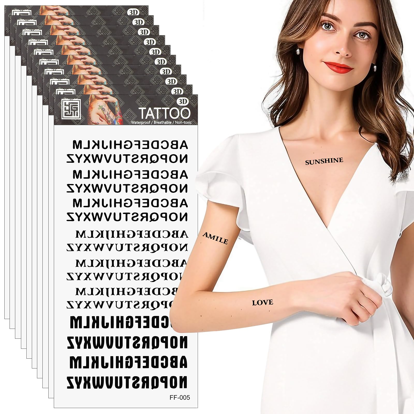 Andibro 10 hojas de tatuajes temporales personalizados, pegatinas autoadhesivas de letras falsas, pegatinas de tatuaje negras impermeables, tatuaje con nombre DIY para mujeres y hombres