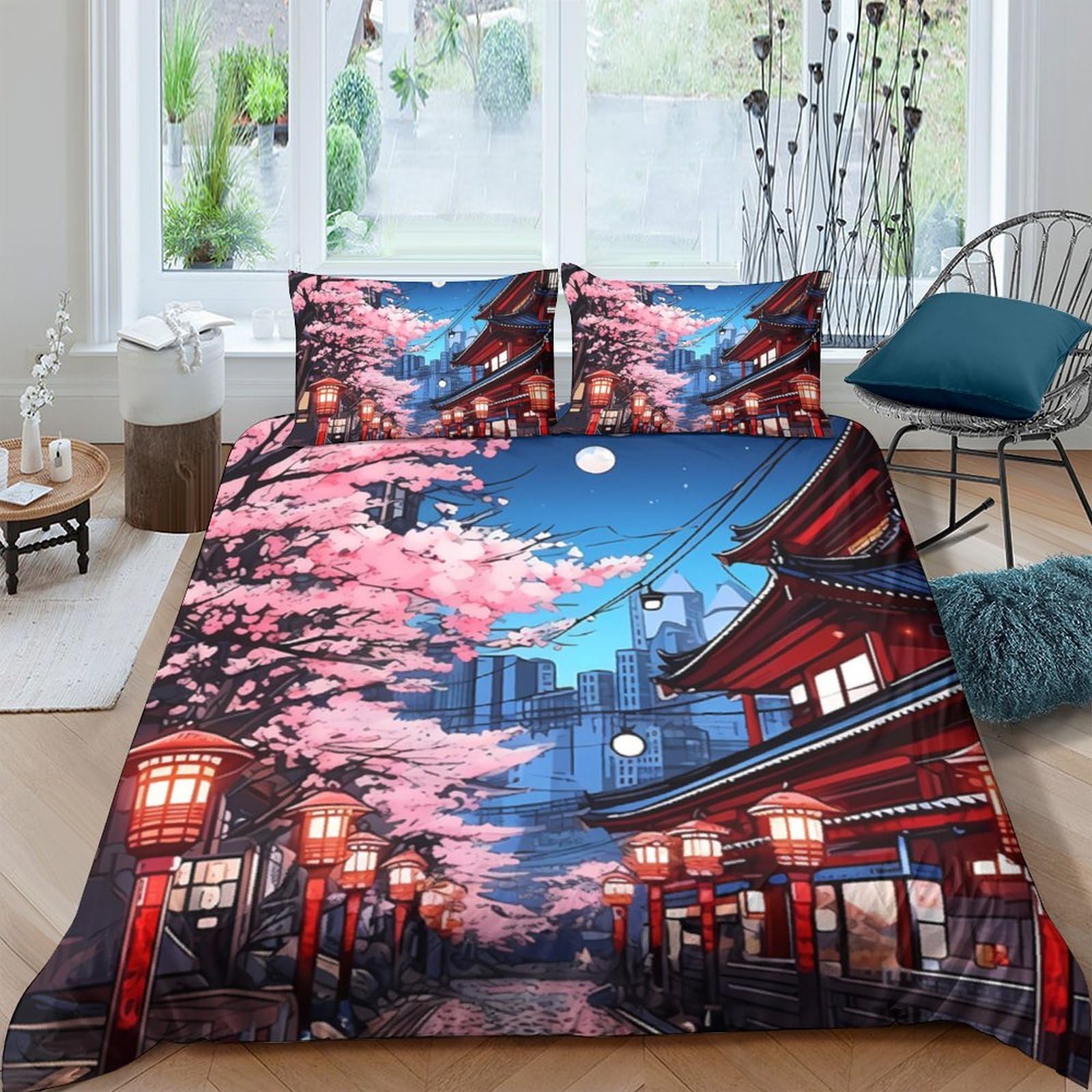 Ctjqhvkz Style-5 3D Printed Sakura Temple Fitted Sheet Microfiber Soft Japanese Night Bed Cover For Bedroom Guest Room Decor Single（135X200cm）