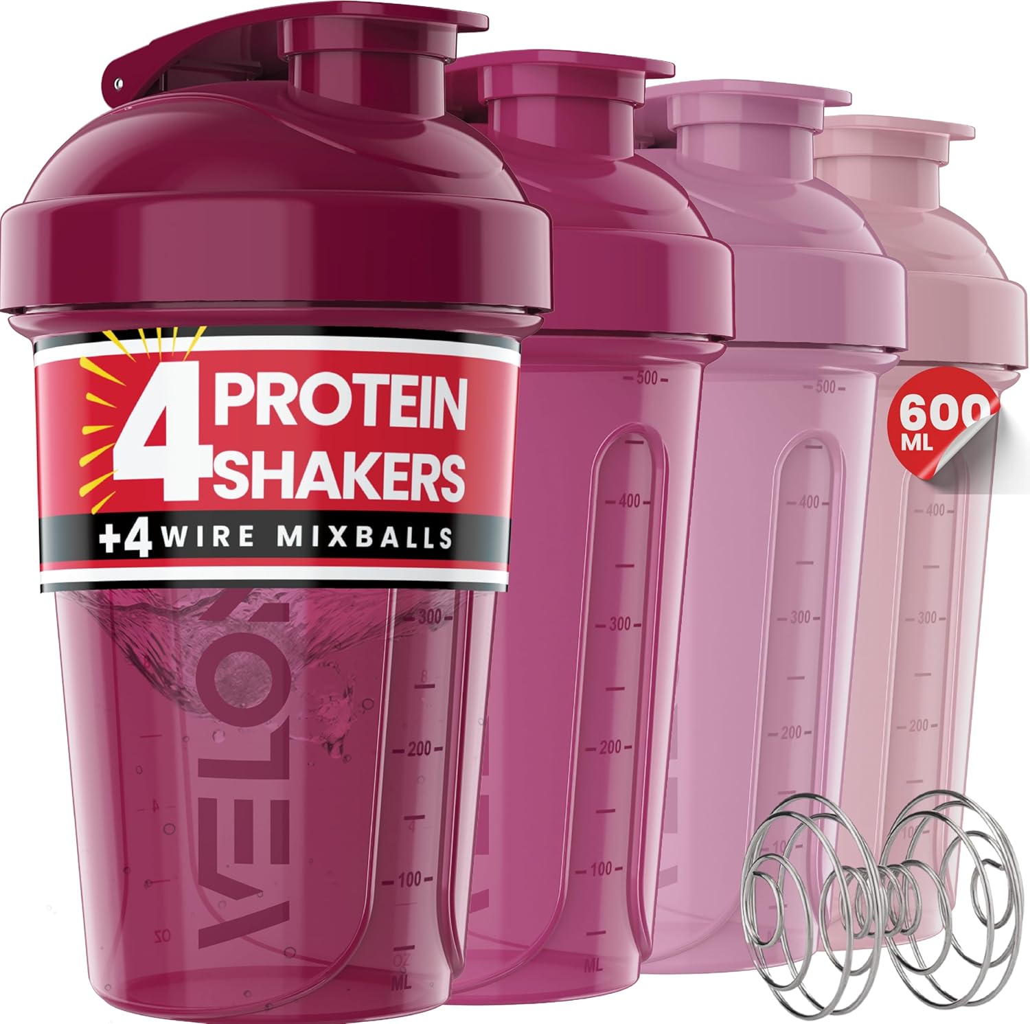 VELOMIX -4 PACK- 600ml Protein Shaker Bottle -4x Wire Mixball | Leak Proof Shaker For Protein Shakes | Stackable Protein Shake Bottle | Dishwasher Safe Gym Bottle (Berry Blend)