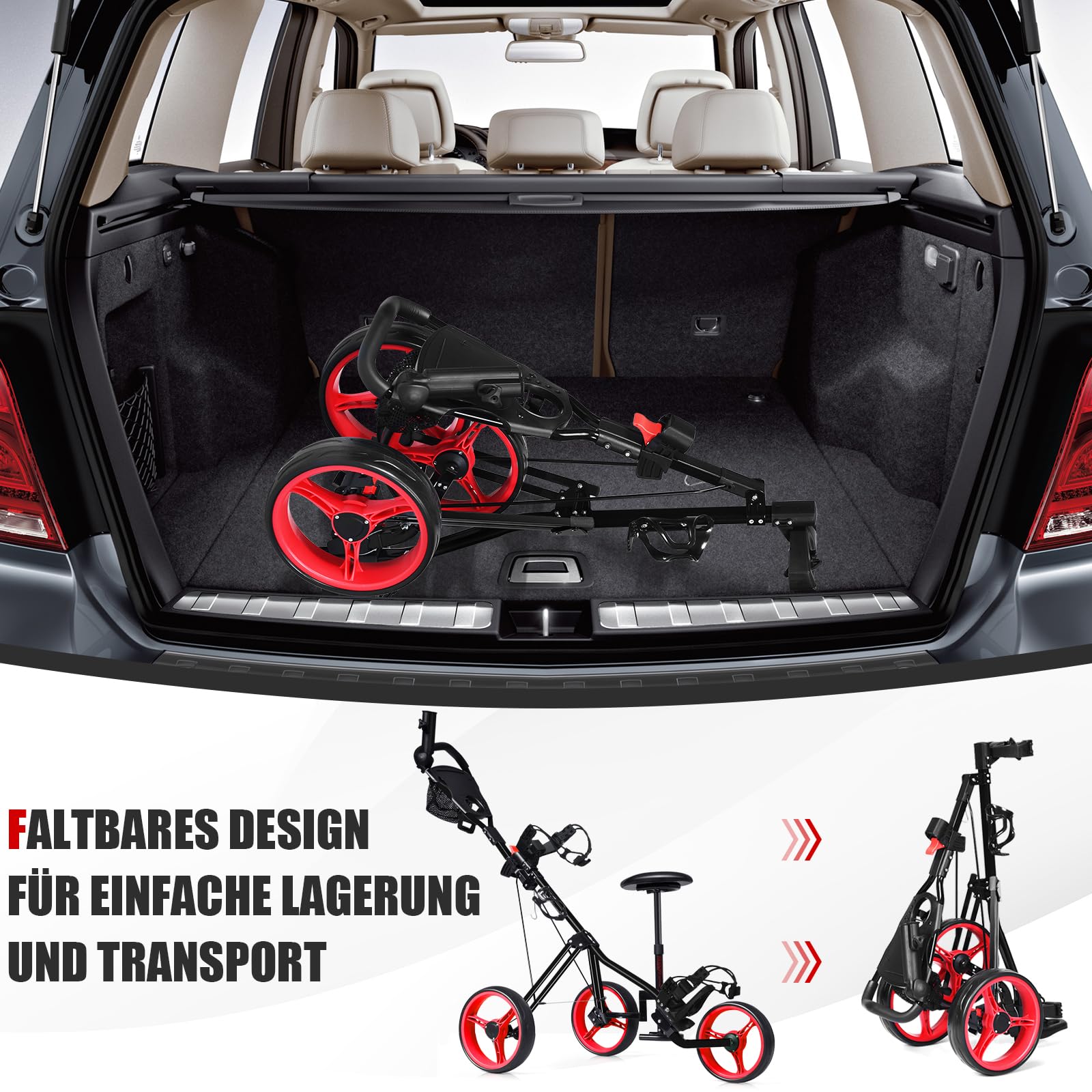 COSTWAY Golftrolley, Golf Trolley, Golftrolley 3 Rad Klappbar, Golfwagen Klappbar, Golf Cart, Golf Trolleys | mit verstellbarem Sitz & Griff & Halter für Schirm und Flasche