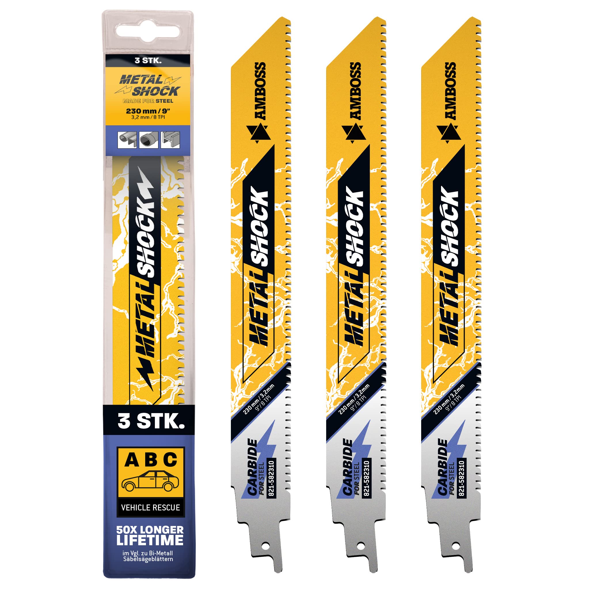 AMBOSS METAL SHOCK - 3x Säbelsägeblatt Länge 230 mm / 8 ZpZ - ideal für Abriss/Fahrzeugrettung/Aufbau/Demontage/Rohrleitungsbau - geeignet für Stahl (Rohre/Profile/Träger) sowie Gussrohre