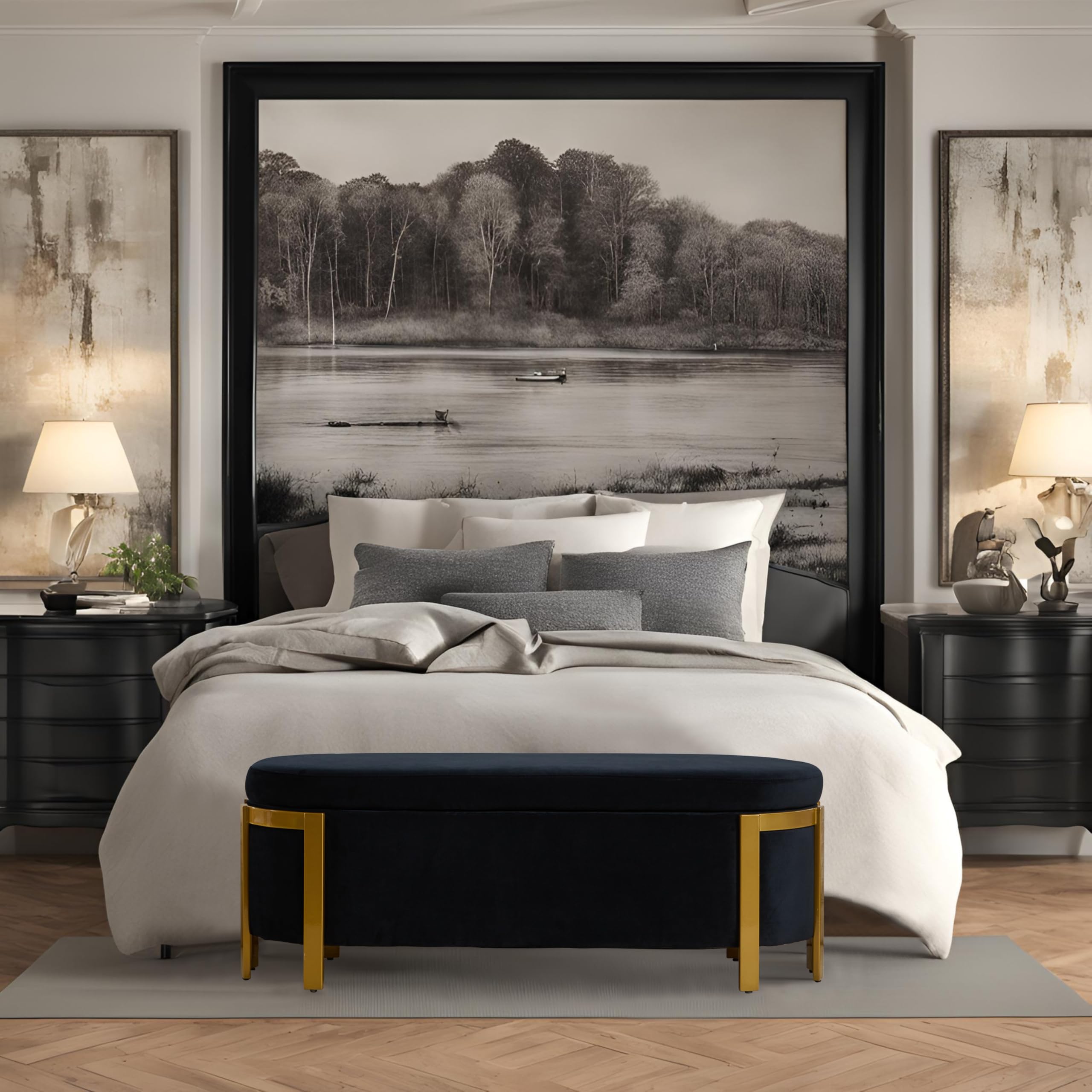 ZH4YOU Storage Ottoman Bench, Upholstered Bench Seat for End of Bed, 4ft Storage Bench, Vintage Velvet Bedroom Bench, Entryway Bench, Black