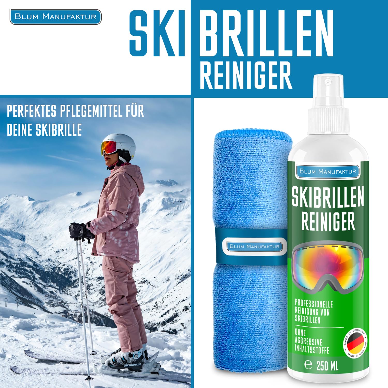 Blum Manufaktur Nettoyant pour lunettes de ski 250 ml + chiffon microfibre 30x30 cm