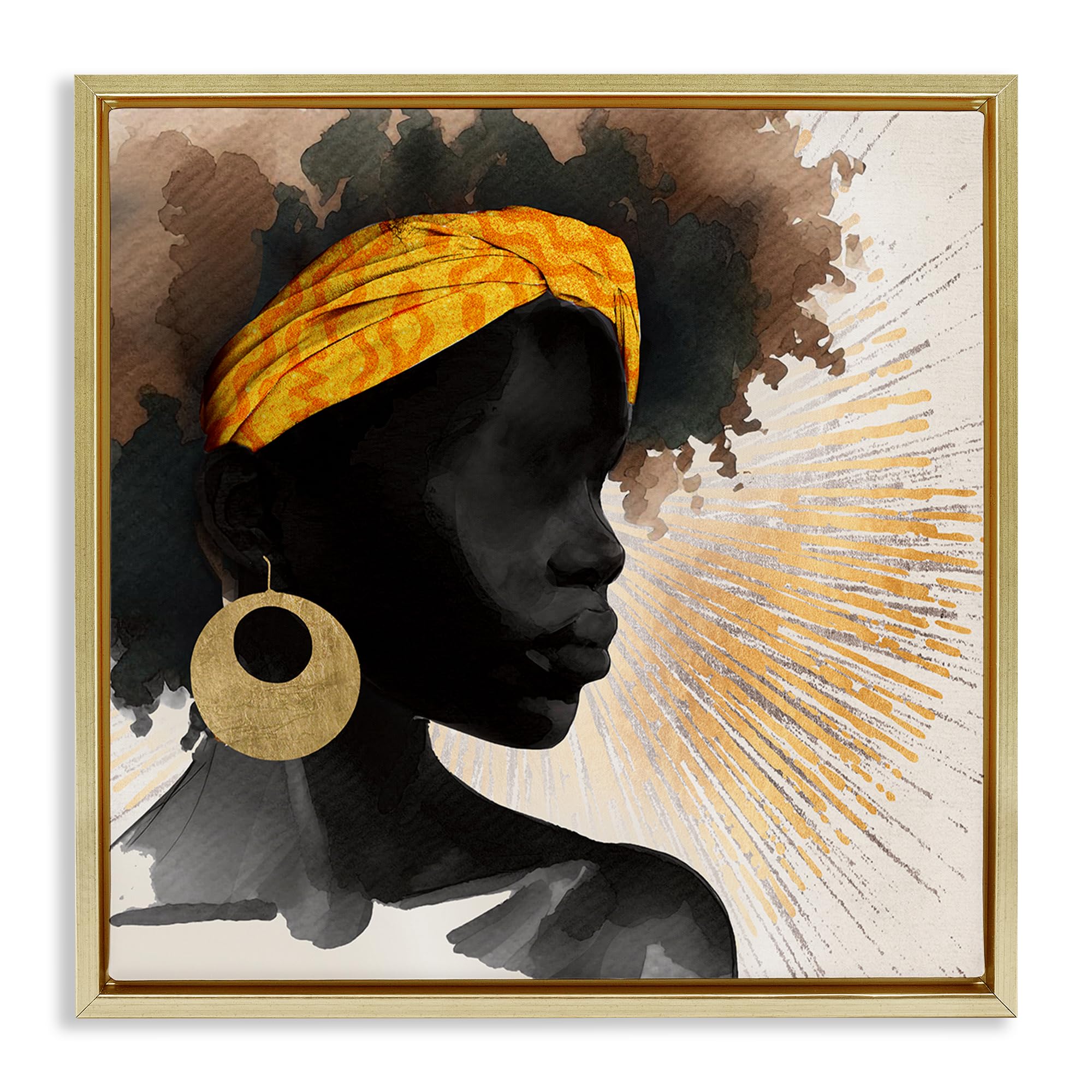Stupell Industries Metallic Gold (Matte) Sunburst Silhouette Headwrap, 24 X 24 Inch Canvas In Floater Frame