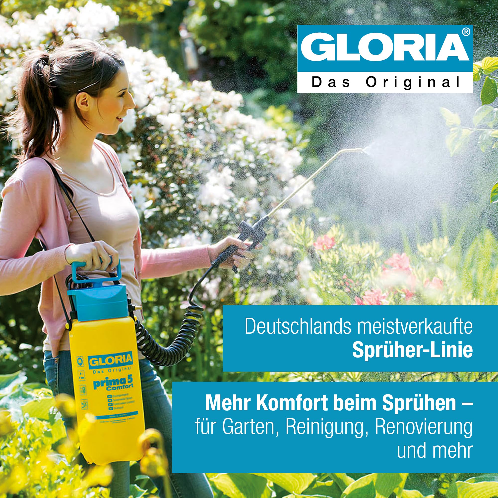 GLORIA Drucksprüher prima 5 Comfort | 5 L Gartenspritze mit Spiralschlauch & Kompressoranschluss | Komfort Drucksprühgerät für Pflanzenschutz, Gartenpflege, Düngung & Unkrautbekämpfung