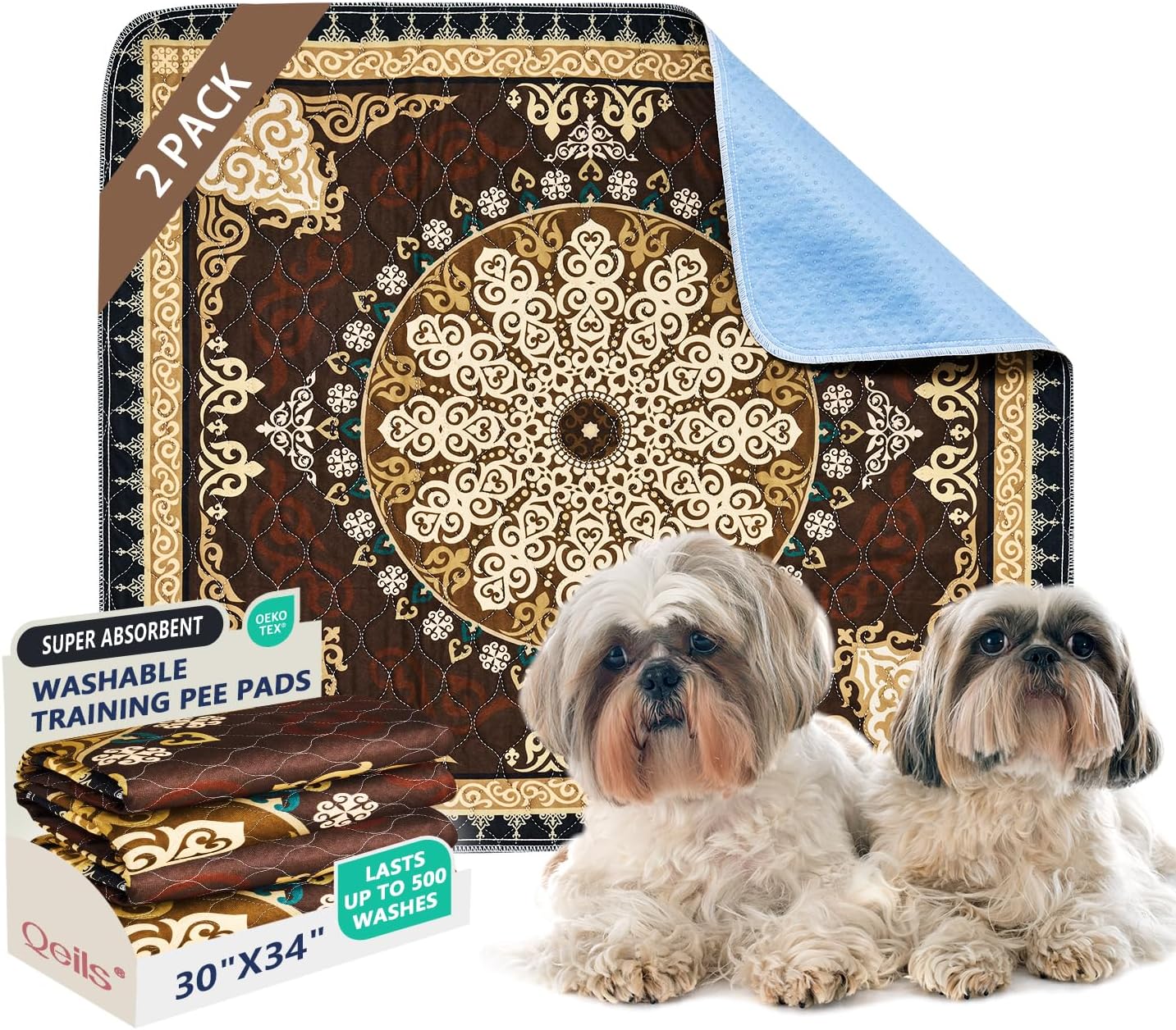 Qeils Washable Pee Pads, Reusable Puppy Pads 4 Pack 30"x34" Super Absorbent Leakproof Dog Training Pads, Non-Slip Wee Wee Pads for Crate, Floor, Potty Pads Feeding Mat Dog Pee Brownish Black Medallion-Polyester,TPU 30"*34"(Pack of 4)