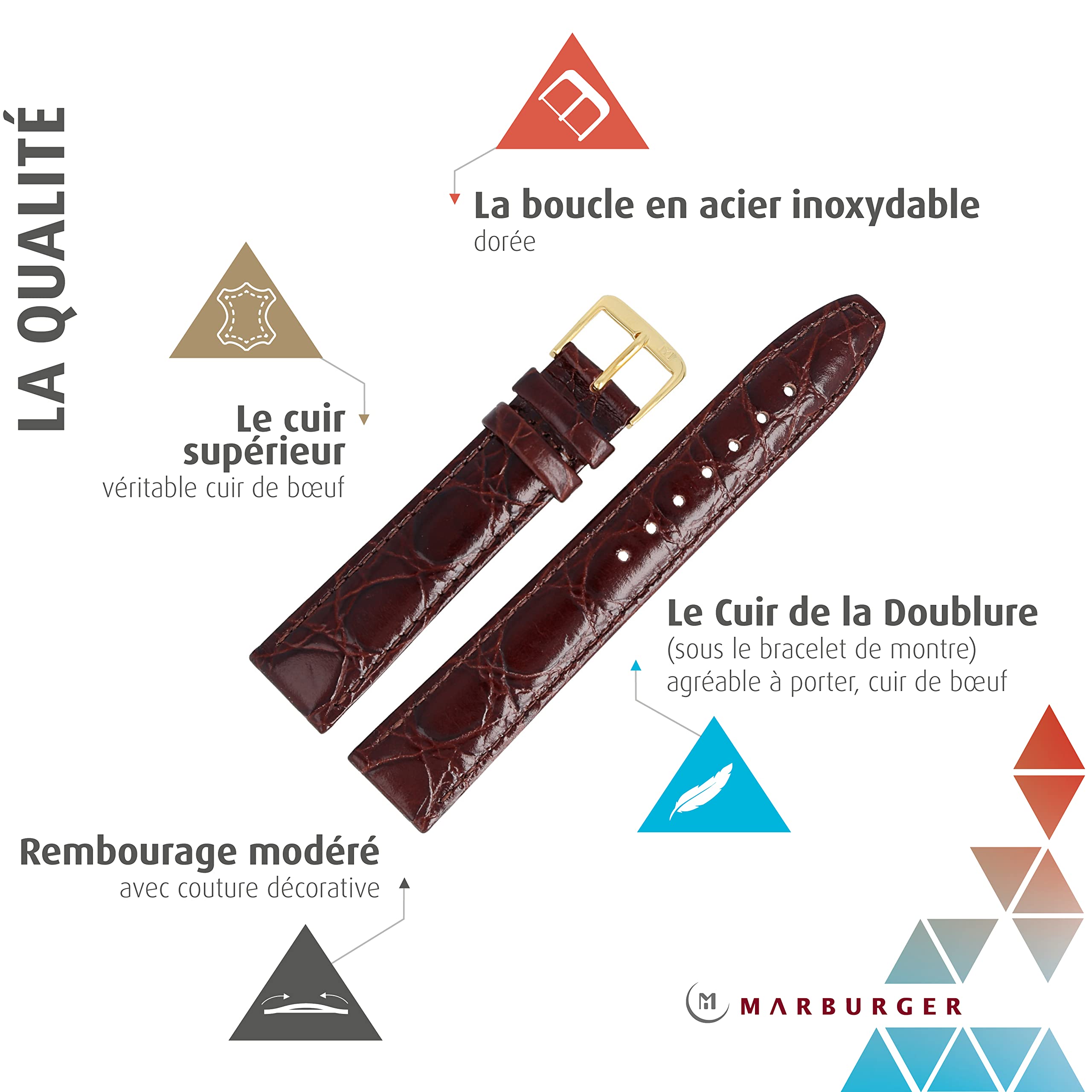 Image secondaire de MARBURGER 52920 Bracelet de montre en cuir croco (Caiman) gaufré avec couture et kit d'outils de montage 20 mm