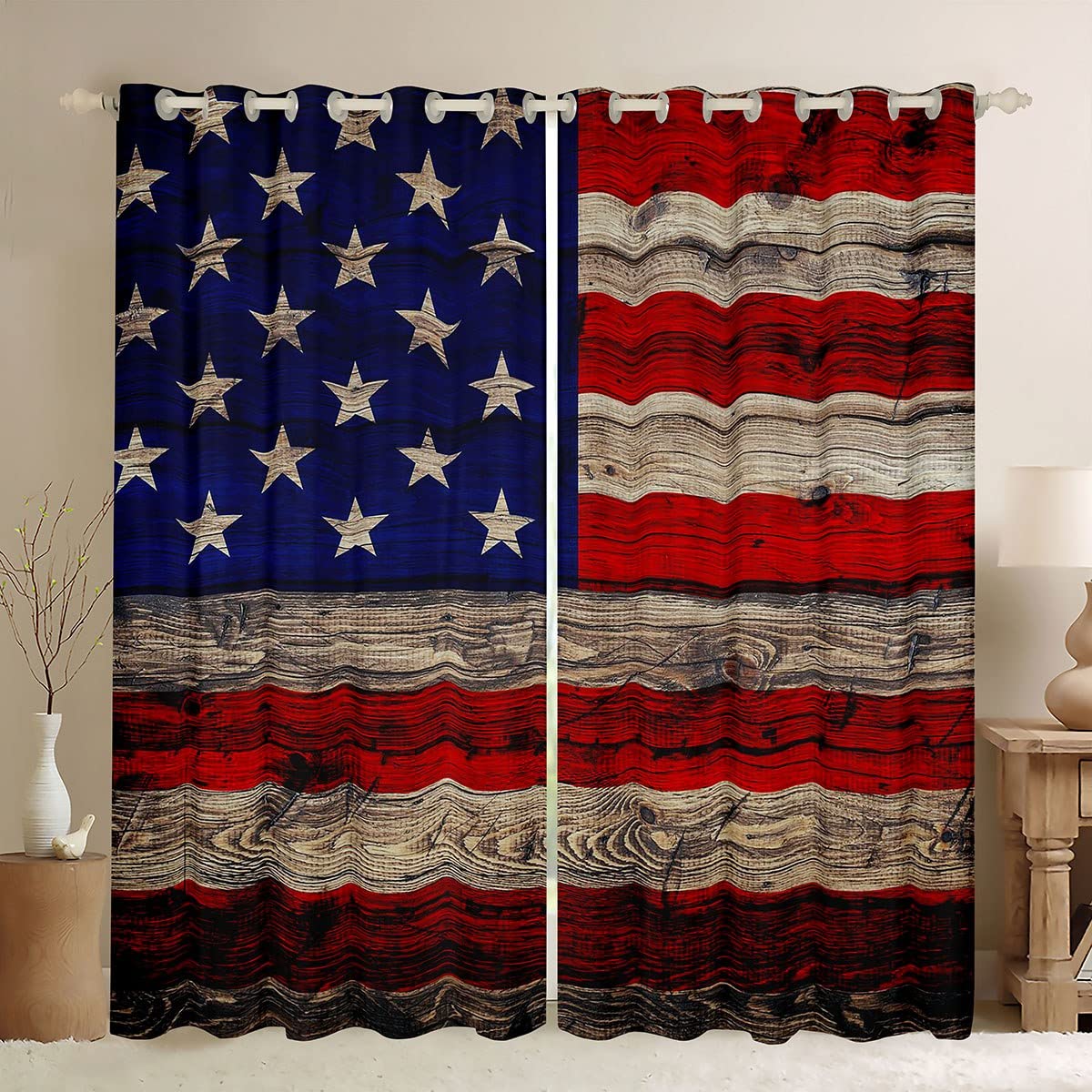 Tenda da finestra con bandiera americana, in legno, stile country, stile naturale, in poliestere, leggero, per dormitorio, camera da letto e soggiorno, 100 x 180 cm