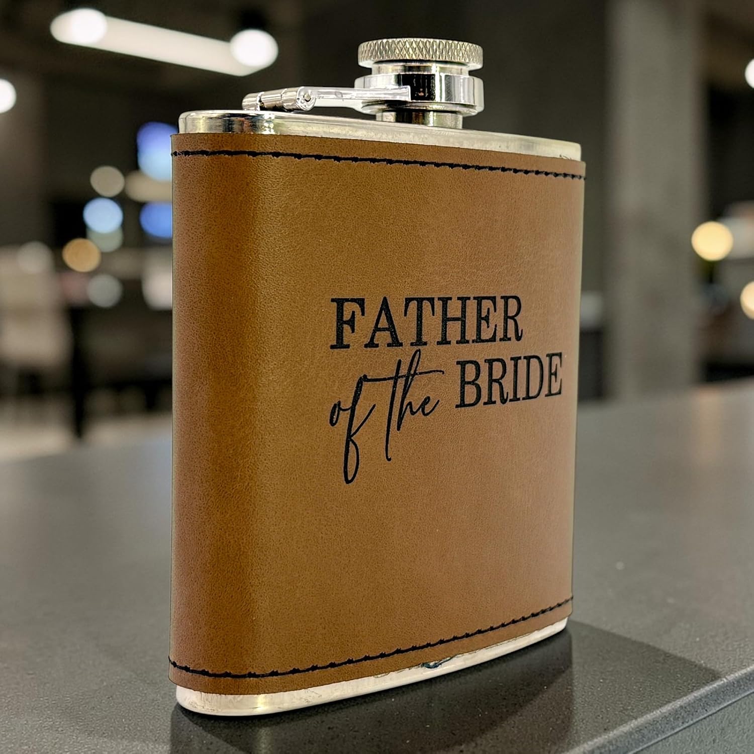 6 oz Leather Wrapped Stainless Steel Hip Flask with Funnel, Engraved “Father of the Bride”, Wedding Gift for Dad, Rehearsal Dinner & Wedding Day Keepsake (Dark Brown)