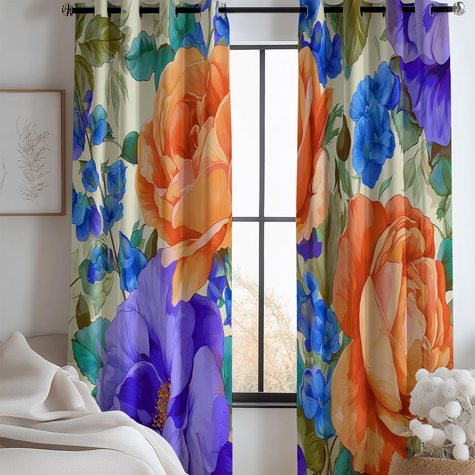 Kinderzimmer Vorhänge Retro Floral Verdunkelungsvorhang Blickdicht mit Ösen, Hellviolett Druck Dekoration Gardinen - für Jungen & Mädchen 140 x 245 cm (2er Set)