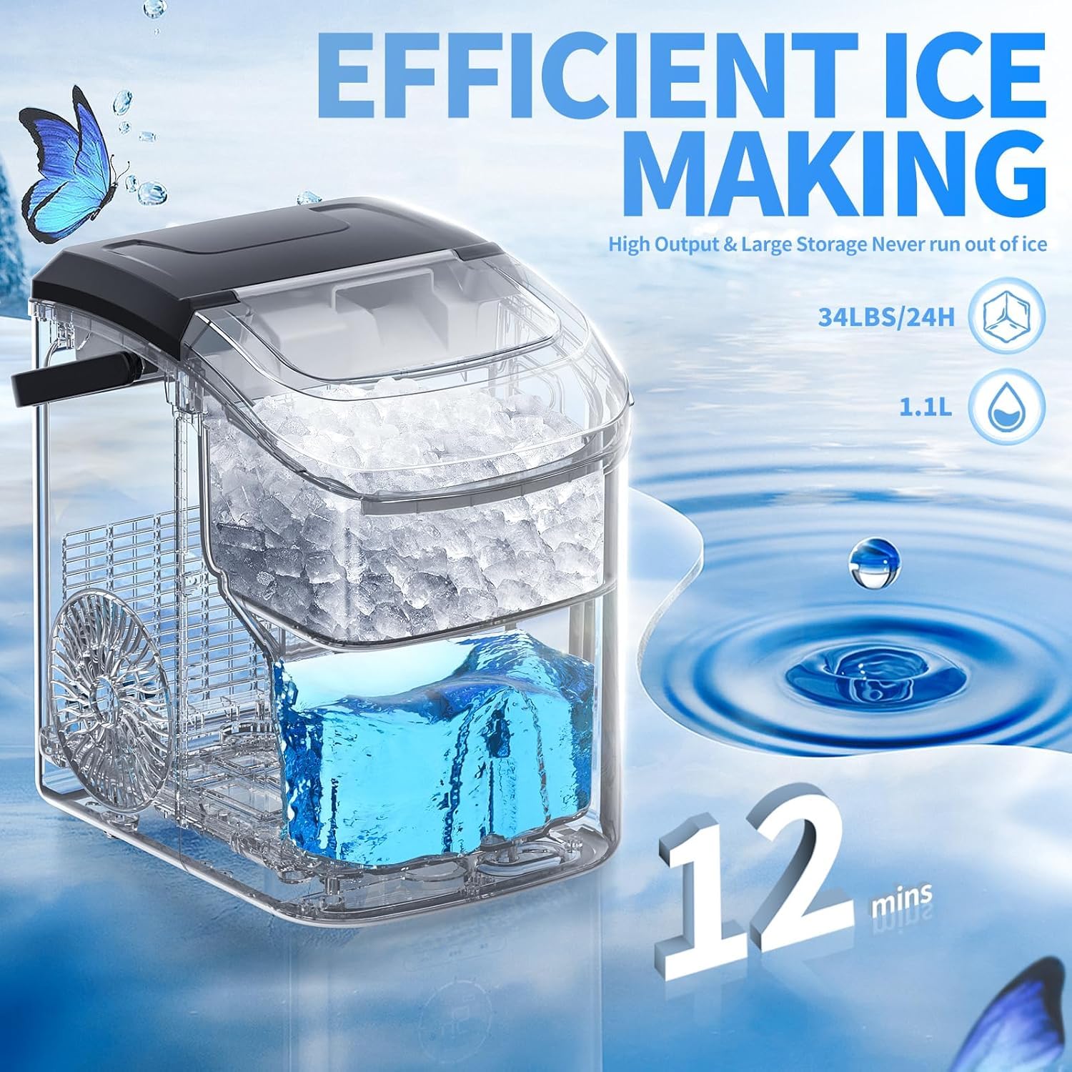 Nugget Countertop Ice Maker with Soft Chewable Pellet Ice, Pebble Portable Ice Machine, 34Lbs/24H, Self-Cleaning, Sonic Ice Maker, One Button Operation, for Kitchen,Office Stainless Steel Silver on Fridge.com