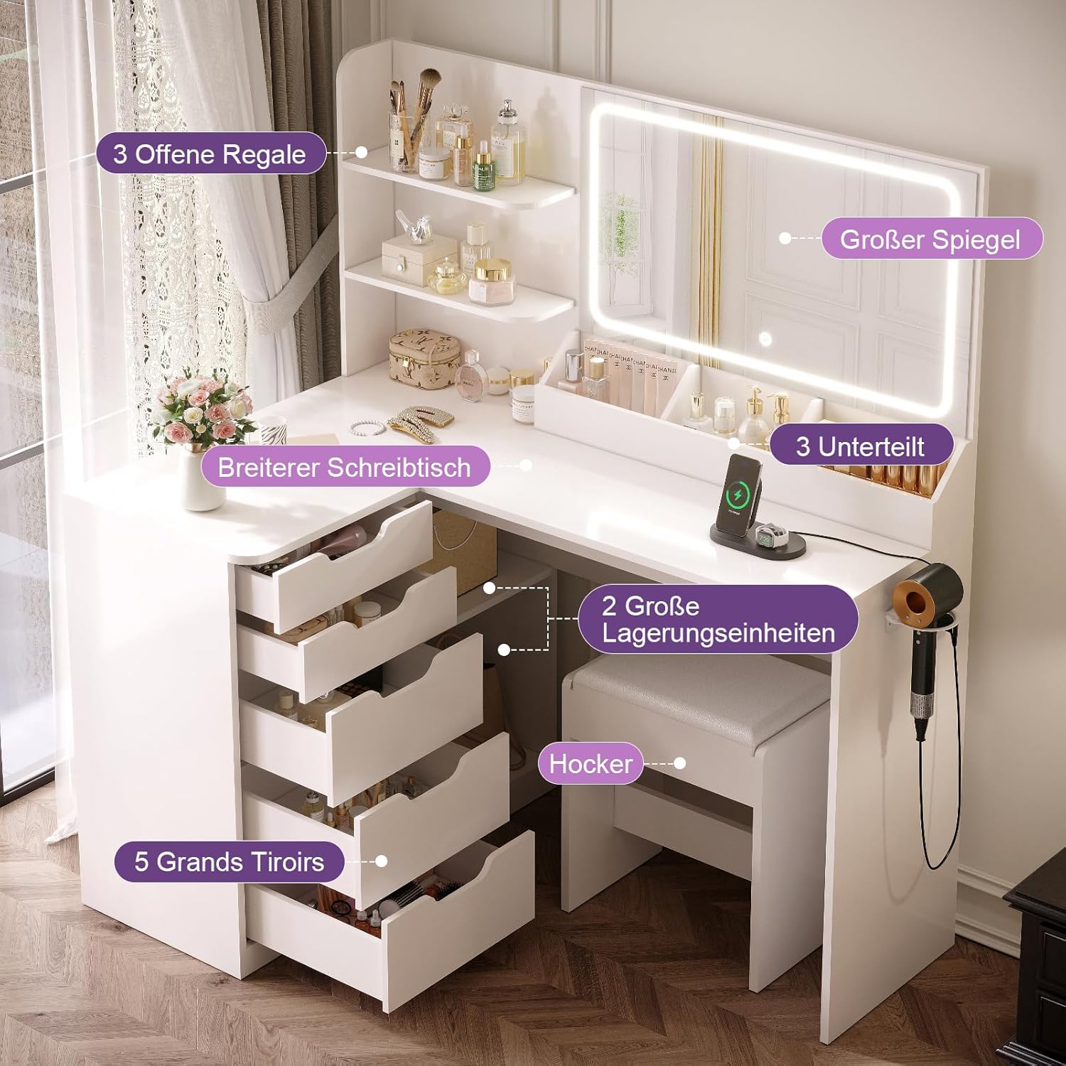 Hoek Kaptafel met LED Spiegelverlichting & Kruk - Wit