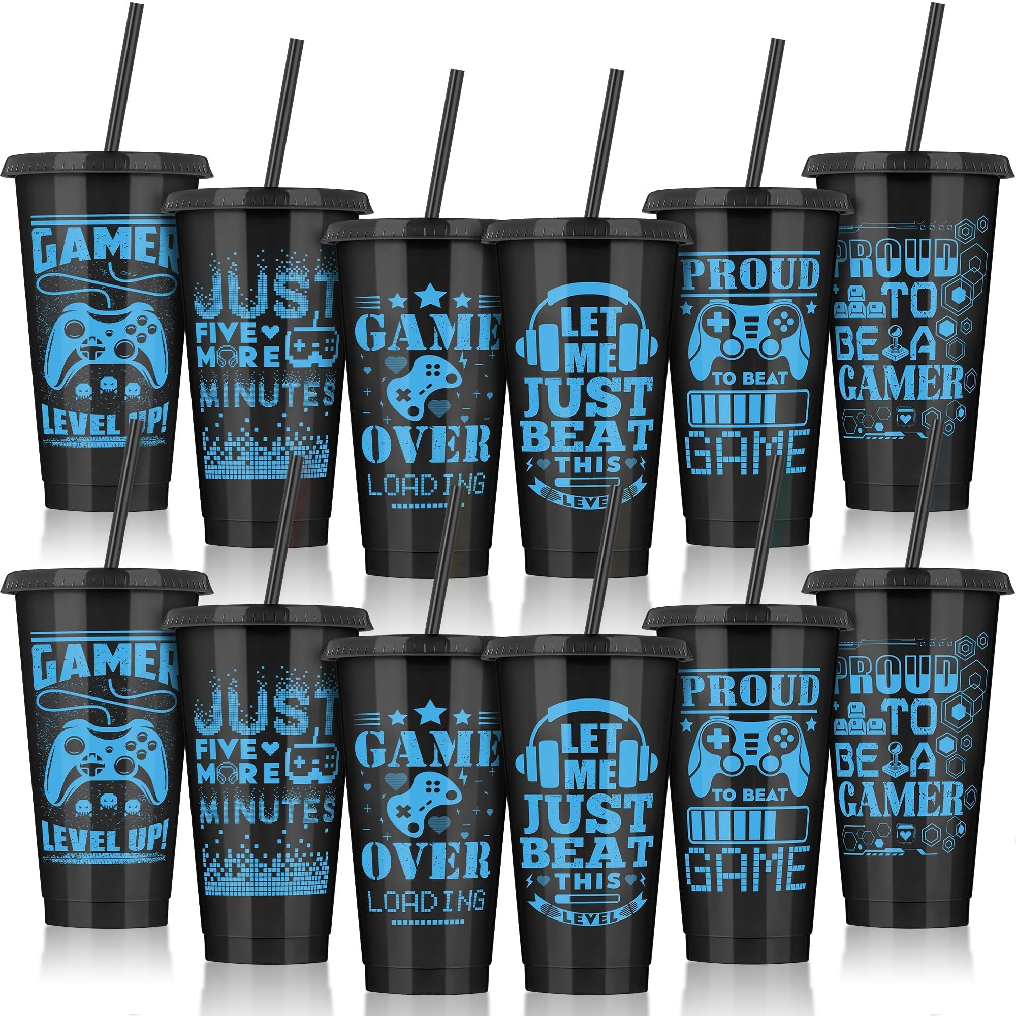 Kochorie 12 Pieces Video Game Plastic Cups 24 Ounces Gaming Party Cups with Lids and Straws Black Blue Reusable Tumbler Cups for Adults Gamer Party
