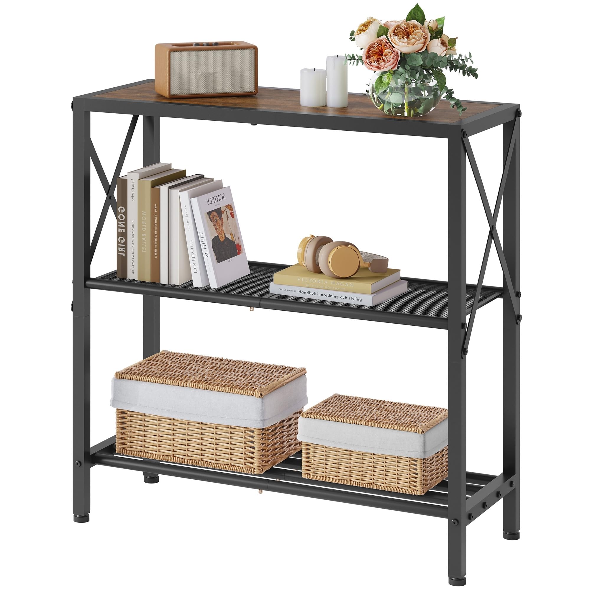 Hoctieon Industrial Console Table, 3 Tier Entryway Table, Metal Frame, Sofa Table with Shelf, Hallway Table, Entrance Table for Entryway, Living Room, Foyer, Hallway, Rustic Brown
