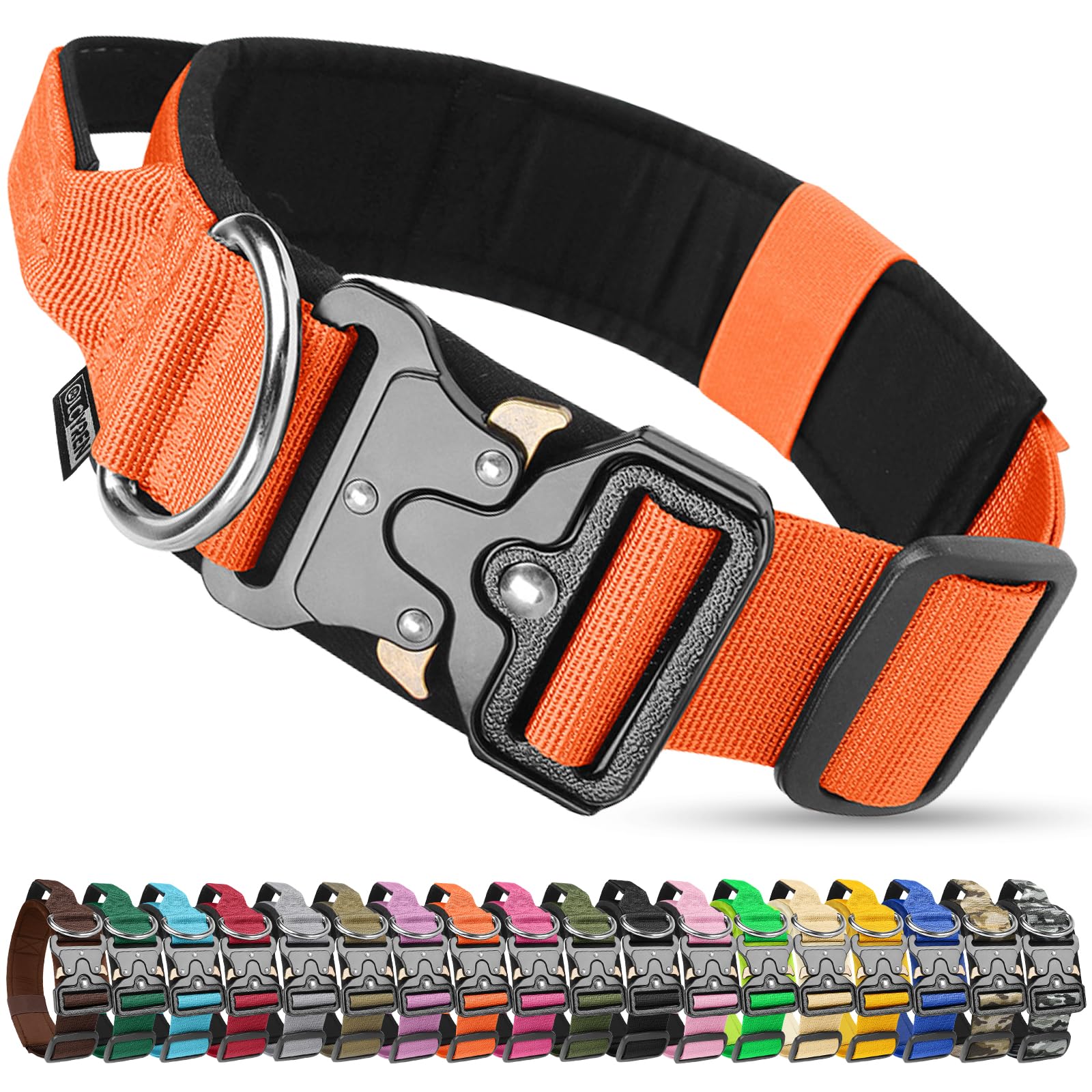 Olcyren Tactical Dog Collar, Military Nylon Adjustable Strong Dog Collar with Handle, Soft Padded Pet Collars with Heavy Duty Metal Buckle for Medium Large Dogs Training and Walking (Orange, XL)