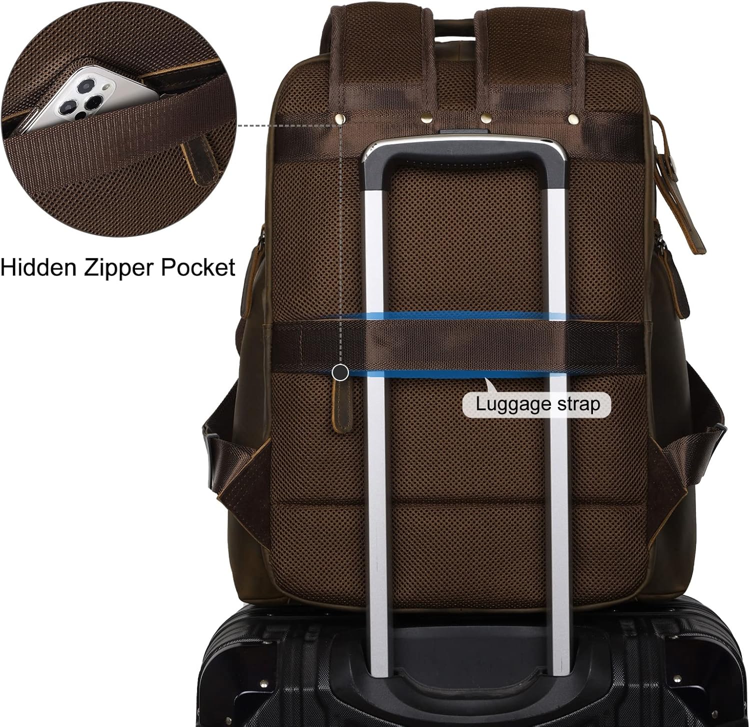 TIDING Men's Vintage Leather 15.6" Laptop Backpack Multi Pockets Travel Rucksack Business Overnight Daypack - Image 3