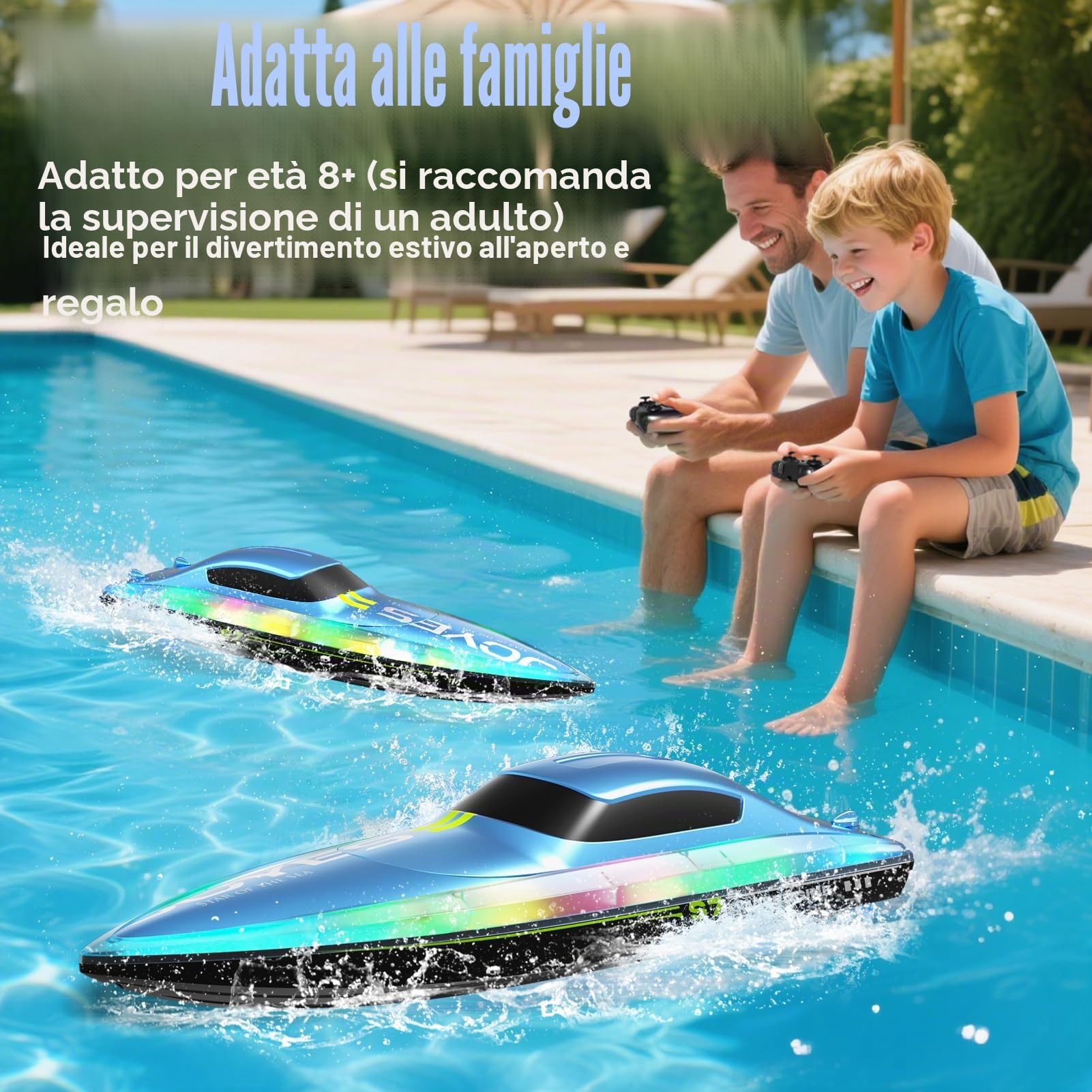 4DRC S7 Barca RC con luce LED, 50+ minuti, auto diritto remoto barca per piscine e laghi, 15+ MPH, 2.4GHz barche da corsa, 2 batterie, giocattoli da piscina per bambini, moto d'acqua radiocomandata