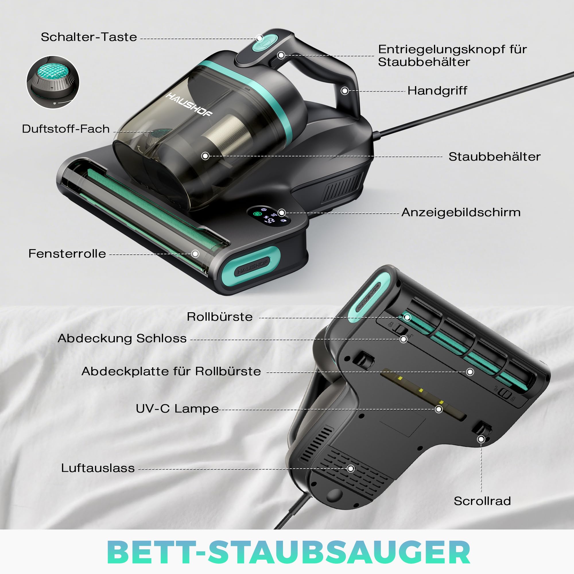 HAUSHOF Milbensauger Matratzen 400W 15 kPa UV Licht 60℃ Heißluft Aroma-Funktion LED-Display Doppel-Staubbehälter