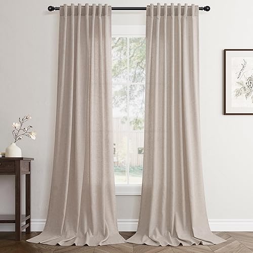 Linen Oatmeal Curtains 84 inches Long for Bedroom Back Tab Privacy Light Filtering Semi Sheer Oatmea Boho Farmhouse Curtain Textured Modern Elegant Coastal Decor Curtains for Living Room