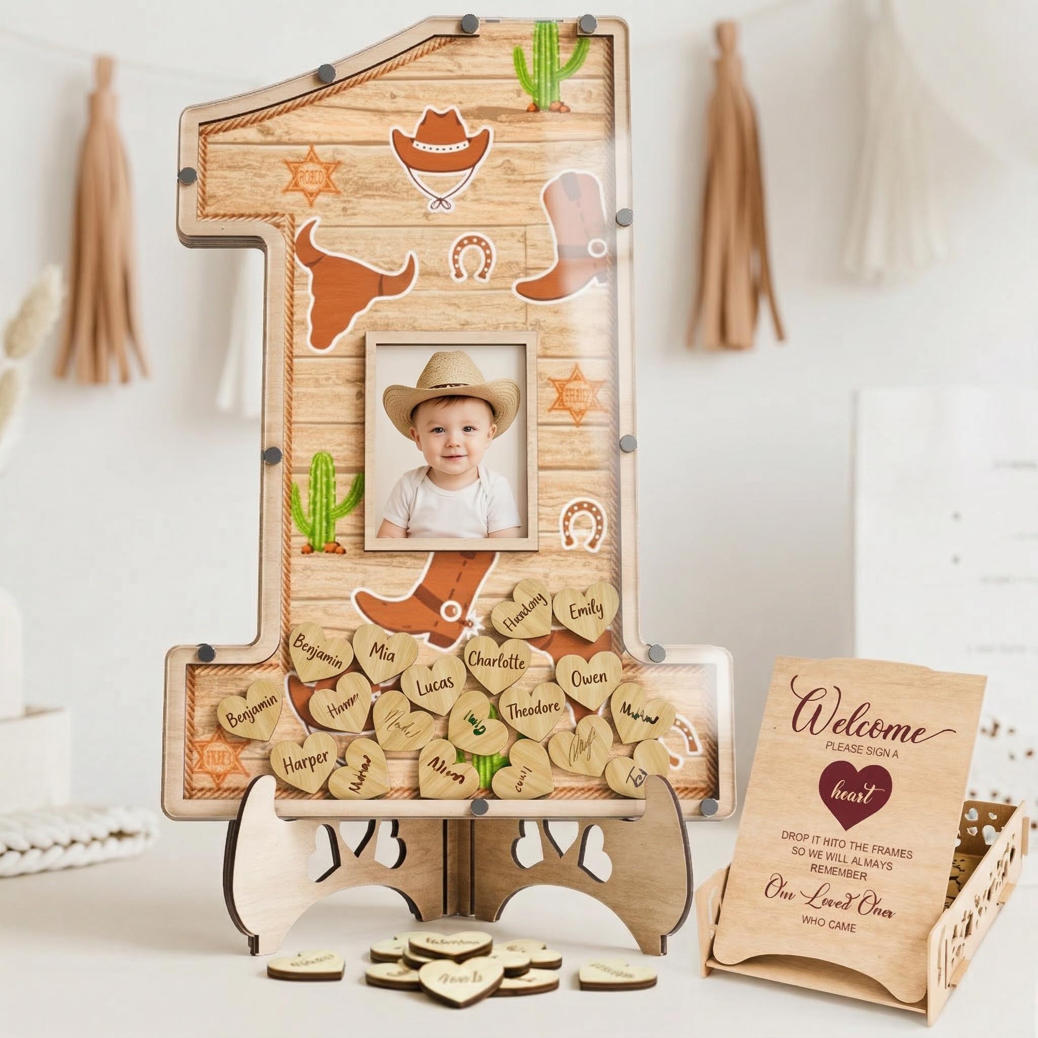 The Real Bossy Baby - My First Rodeo Cowboy Birthday Guest Book Keepsake Frame Decoration - Large Premium Wooden Shadow Box -First Birthday Gift Ideas