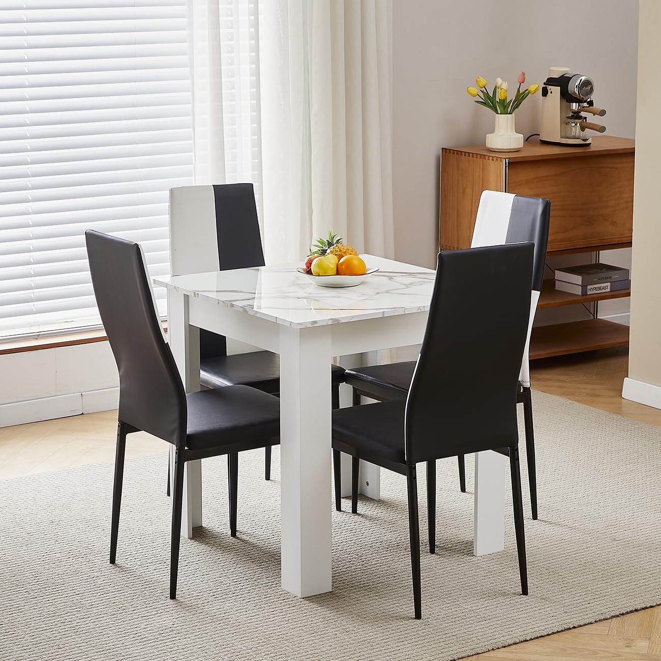 75x75 cm Small Dining Table and 4 Chairs, 4 Seater Table and Chairs Set Kitchen Dining Room Set for 4, Compact, Space Saving, Wooden, Glossing Tabletop Marble-White (4 Seats, Faux Leather Checkered)