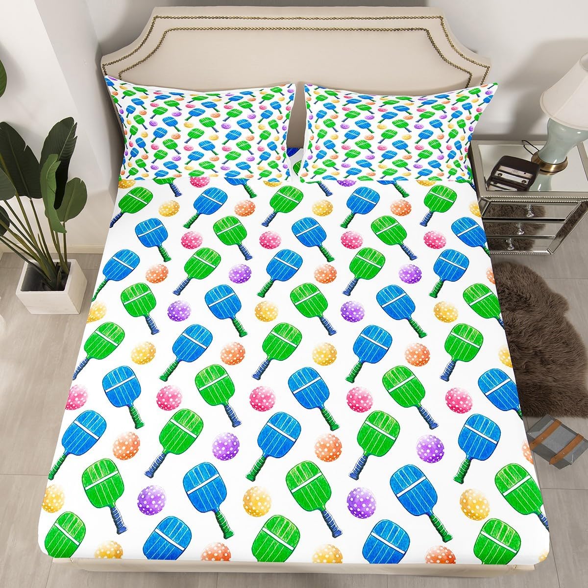 Pickleball Fitted Sheet Full Size Sports Gaming Bedding Set for Kids Boys Girls Teens Colorful Pickleball Rackets Balls Bed Sheet Set Geometric Dots Bed Cover Room Decor,No Top Sheet
