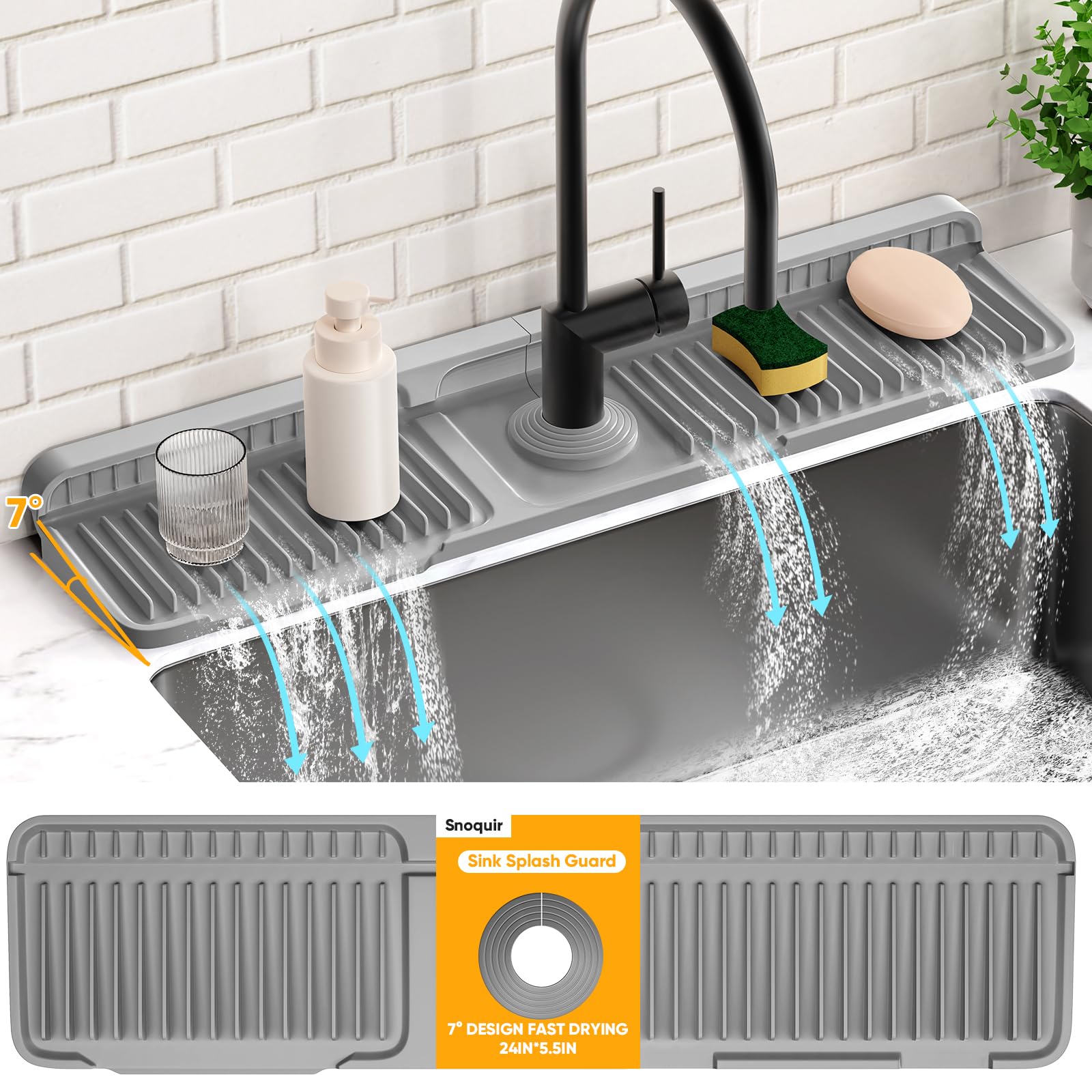 24 Longer Faucet Mat for Kitchen Sink Splash Guard 7 Slope Fast Self-draining Snap Lock Fit Kitchen Sink — view 9