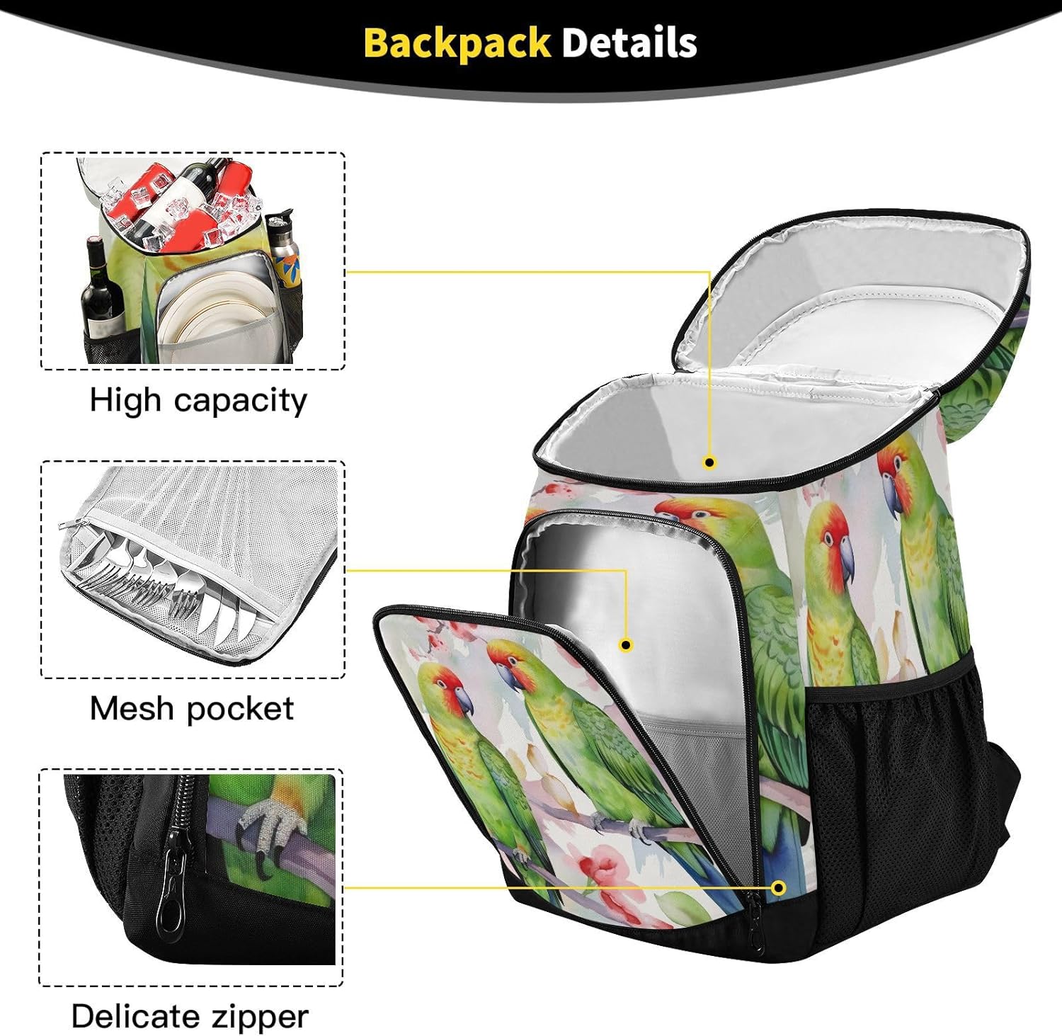 Two Parrots on Branch Cooler Backpack 36 Cans Leakproof Waterproof Backpack Cooler Bag Beach Accessories for Women and Men Travel Camping Fishing Backpack