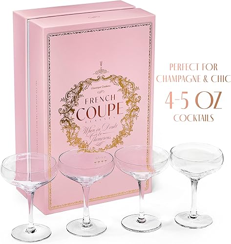 Miniatura 6 de GLASSIQUE CADEAU Vasos franceses pequeños de champán vintage | Juego de 4 vasos de cóctel clásicos de cristal de 6 onzas – Martini, sidecar,